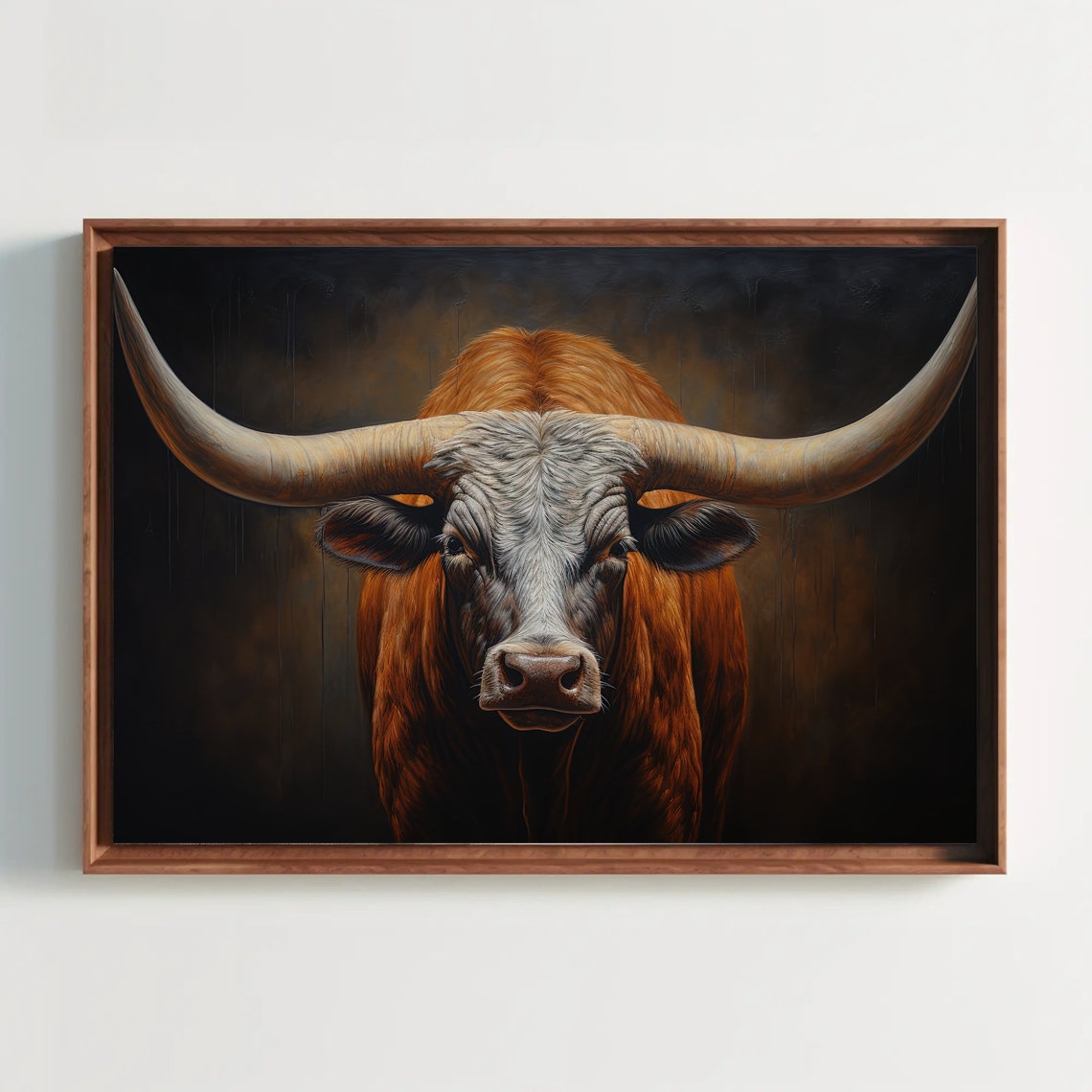 Longhorn Bull Close Up Against Dark Dramatic Background Poster
