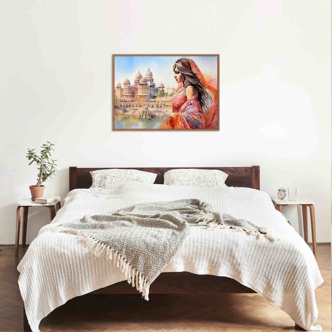 Indian Beauty by Palace Lake in Flowing Sari Watercolor Poster - Image 3