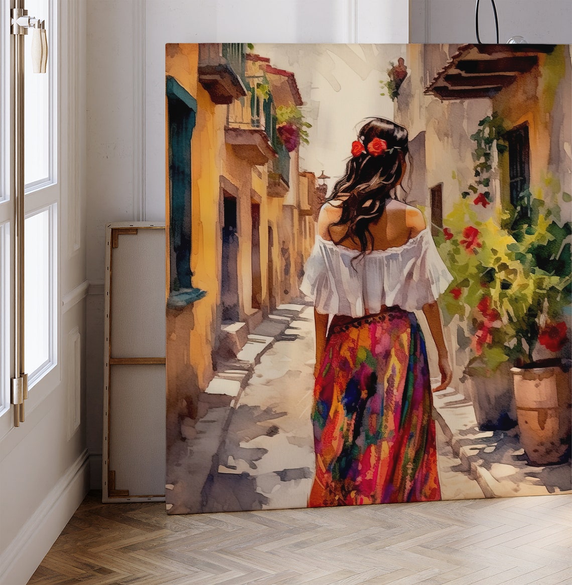 Mexican Woman In Colorful Skirt Walking A Sunlit Old Town Alley Poster - Image 5