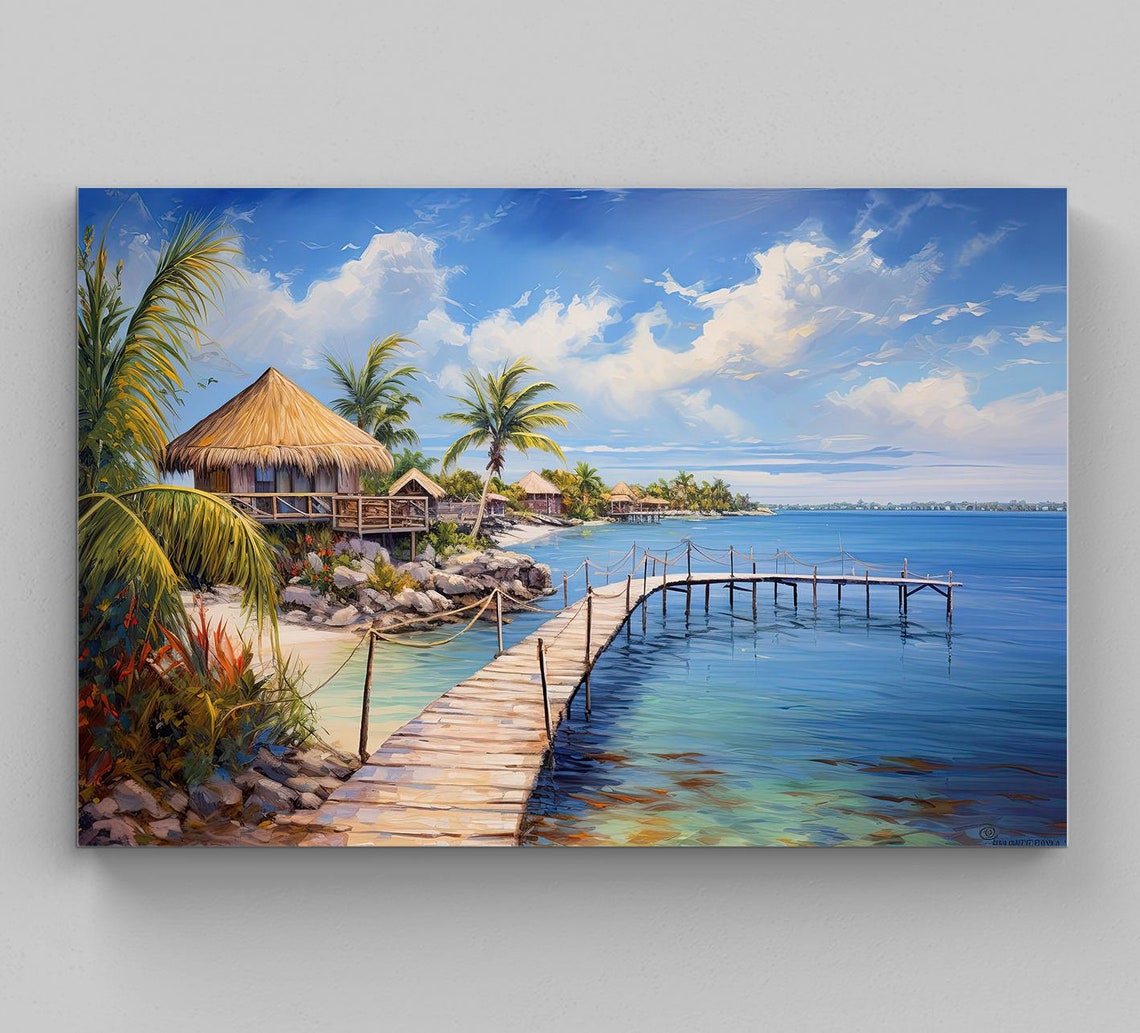 Isla Mujeres Wooden Pier and Palapa Huts Tropical Island Poster