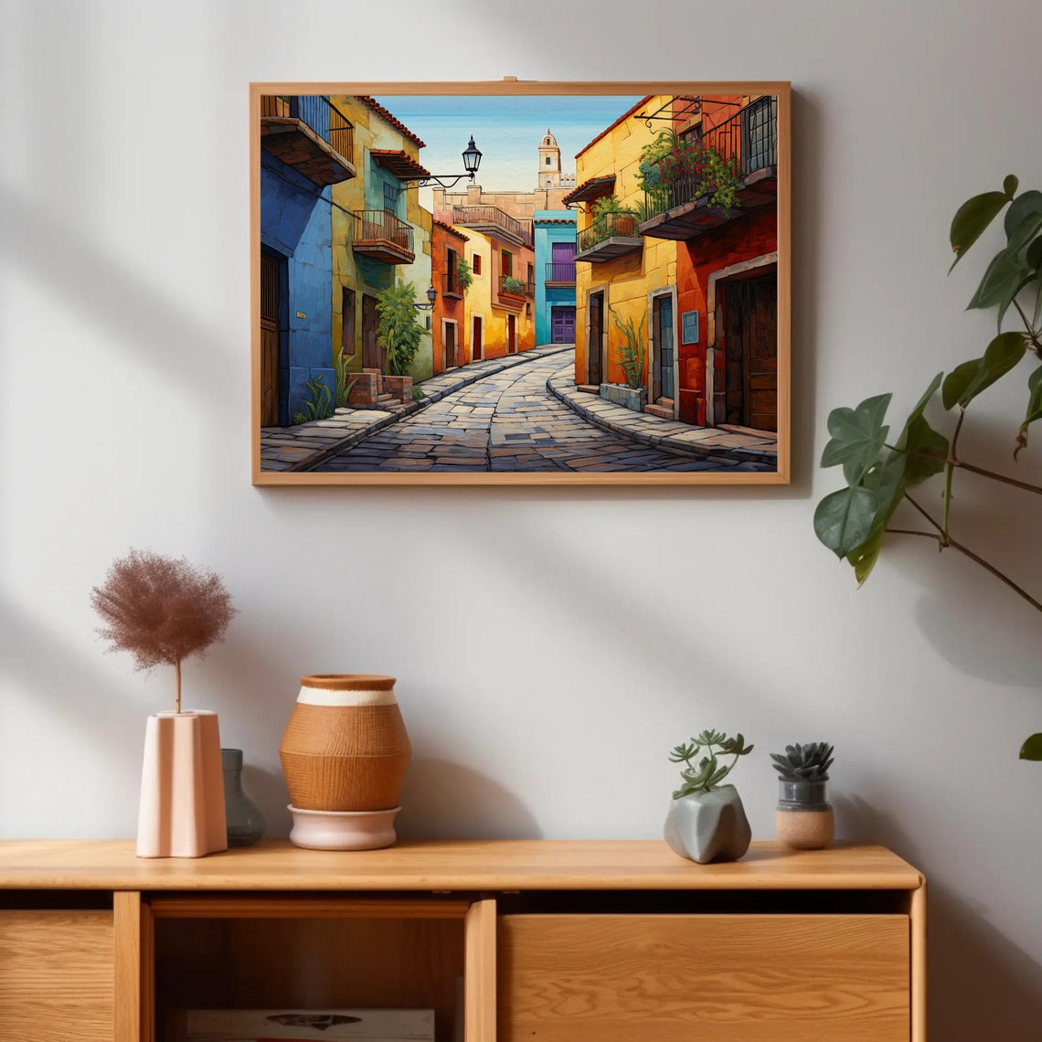 Sunlit Mexican Colonial Street with Bright Colorful Facades Poster - Image 3