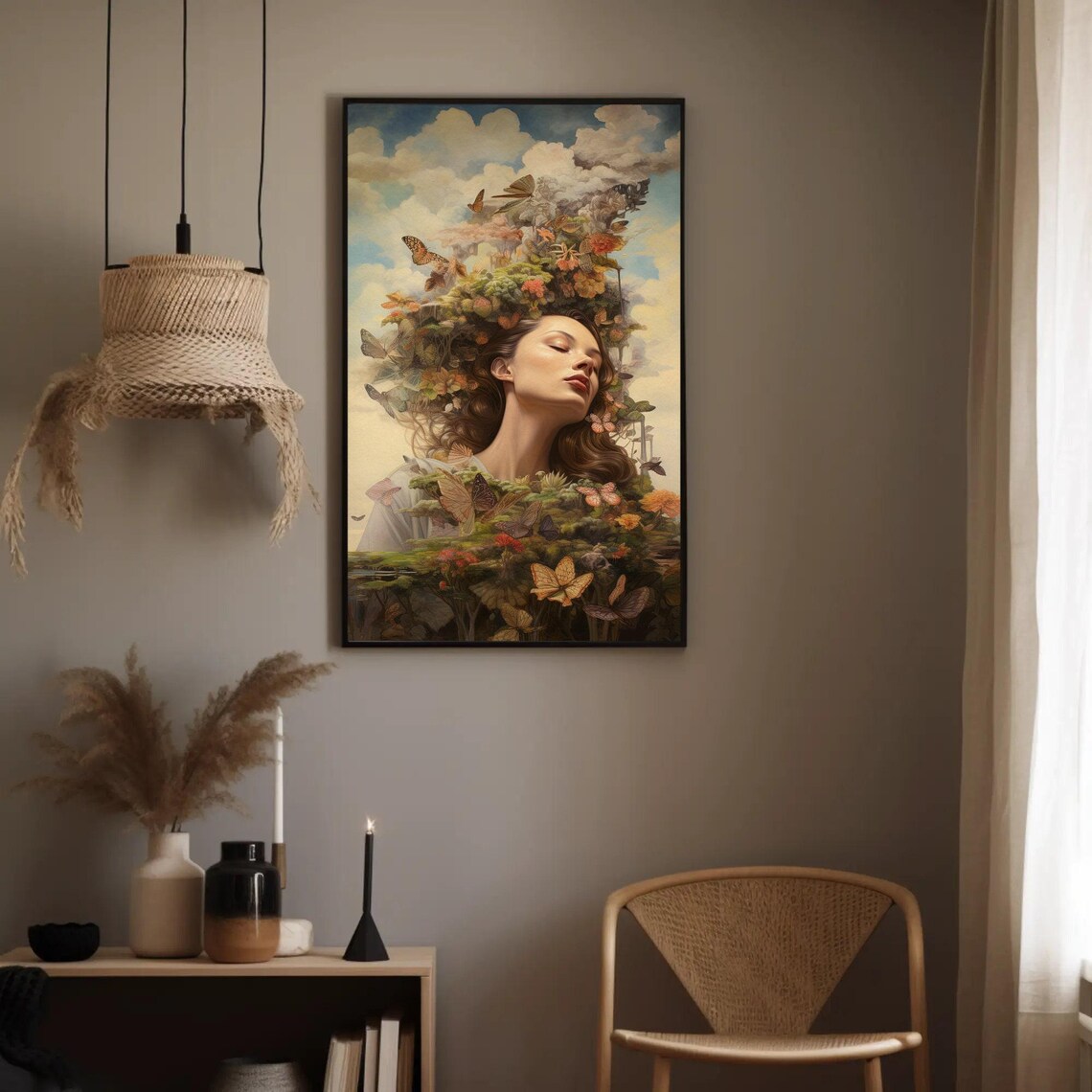 Dreamy Woman with Butterflies and Flowers Rising from Her Hair Poster - Image 3