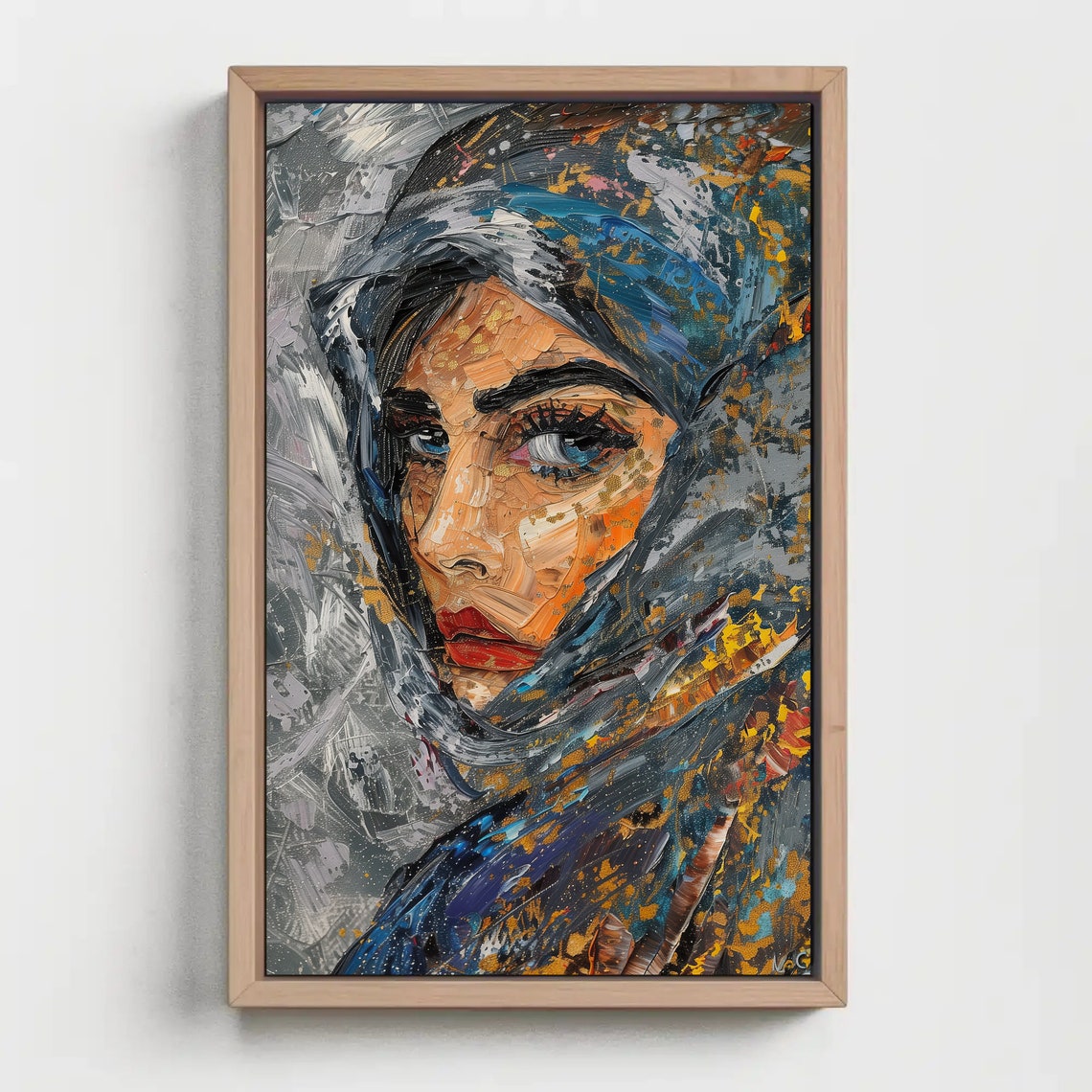 Blue-Eyed Woman in Veil Impasto Portrait Poster Red Lips Art - Image 3