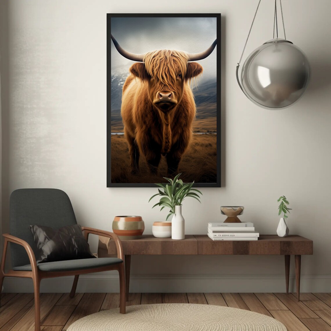 Highland Cow Vertical Art Print, Rustic Field Scene - Image 5