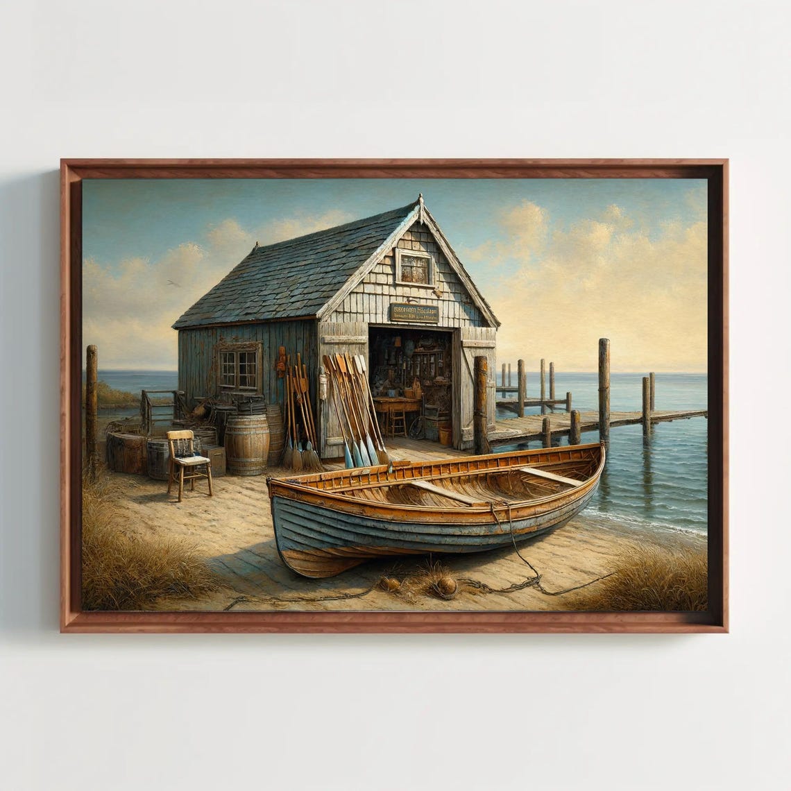 Weathered Seaside Boathouse With Wooden Rowboat Coastal Poster