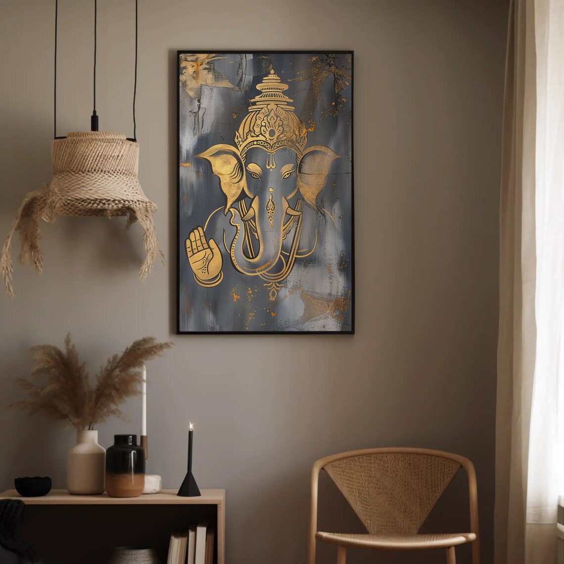 Gold and Gray Ganesha Face Abstract Painting Spiritual Wall Poster - Image 3