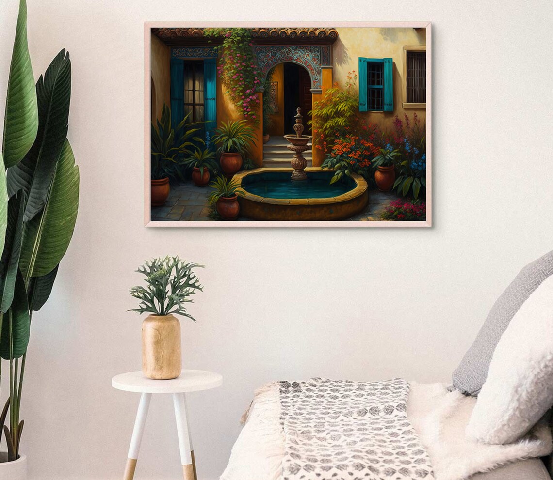Mexican Courtyard Garden, Colorful Latino Art Print - Image 3