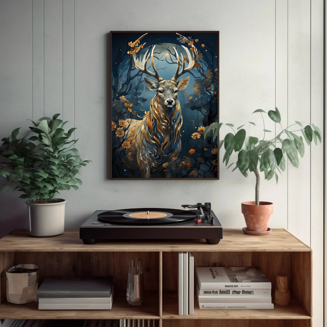 Golden Stag In Moonlit Forest Night Wildlife Fantasy Art Poster - Image 2