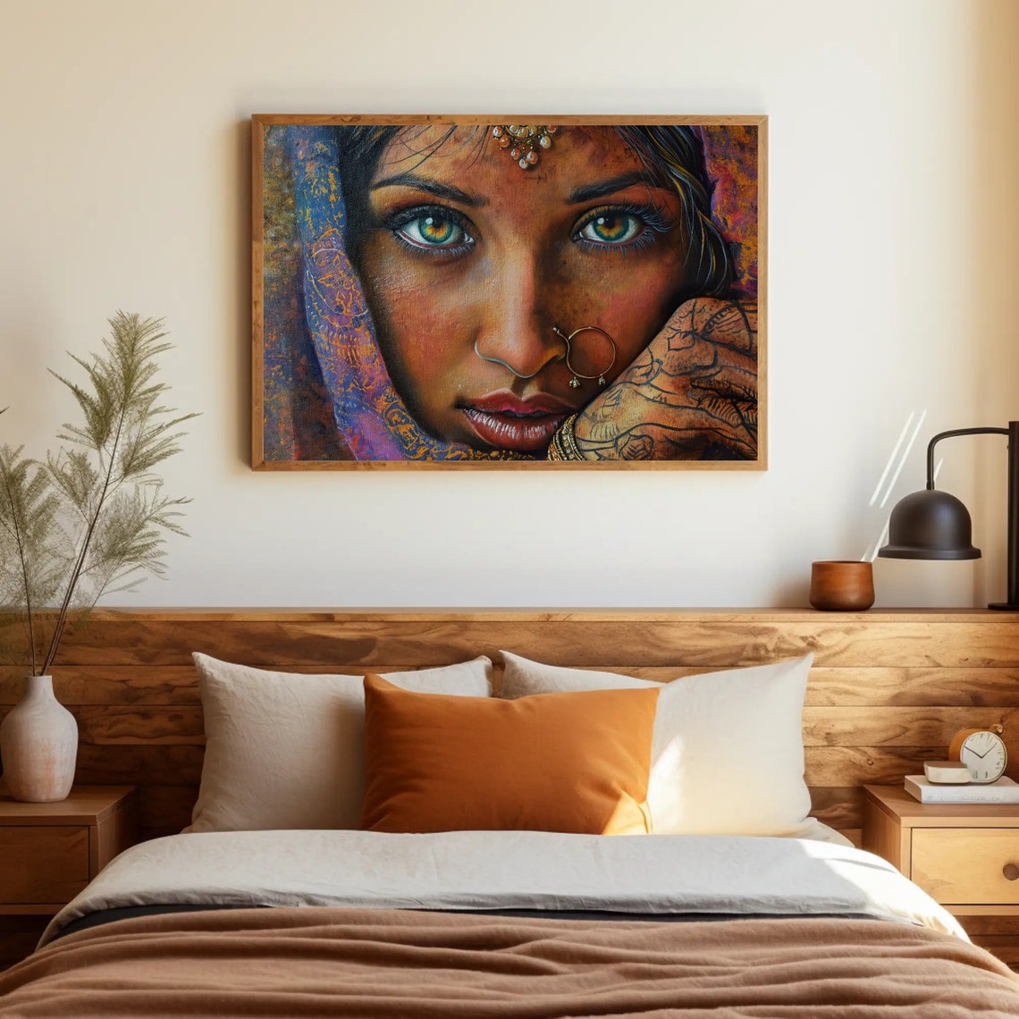 Enchanting Green Eyes Indian Girl Painting Framed Print Bohemian And Cultural Decor Ready To Hang For Living Room Or Bedroom - Image 3