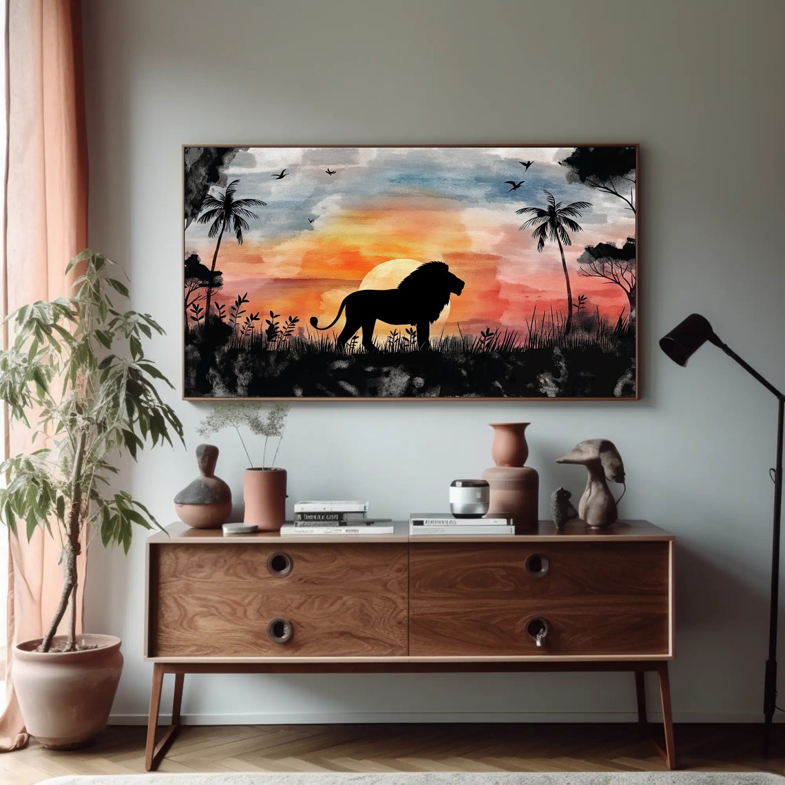 Majestic Lion Silhouette Watercolor Fiery Savannah Sunset Poster - Image 5