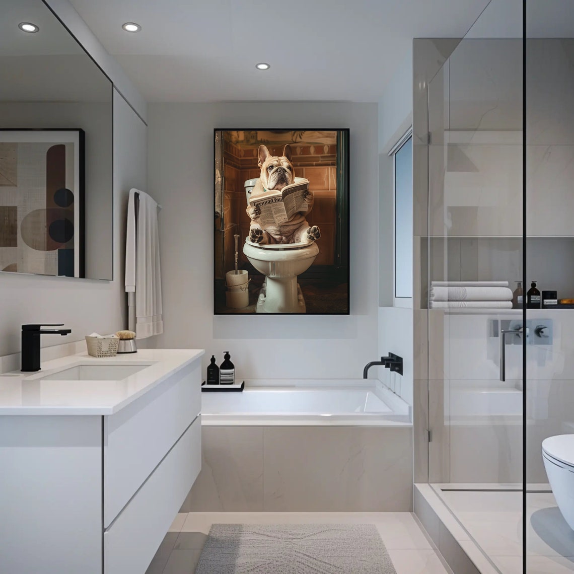French Bulldog Reading Newspaper on Toilet Funny Bathroom Poster - Image 5