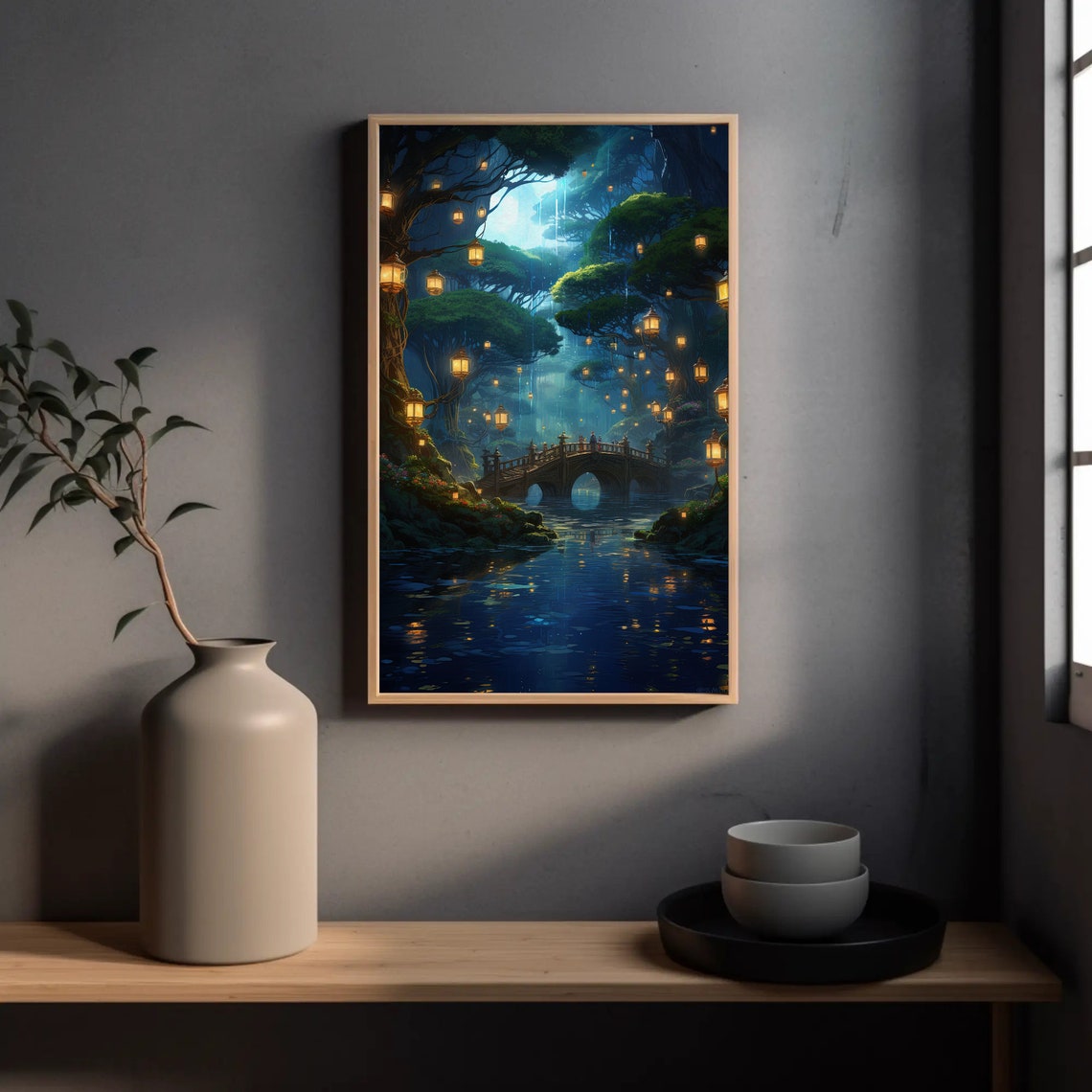 Jungle River Stone Bridge Glowing Lanterns Night Fantasy Poster - Image 3