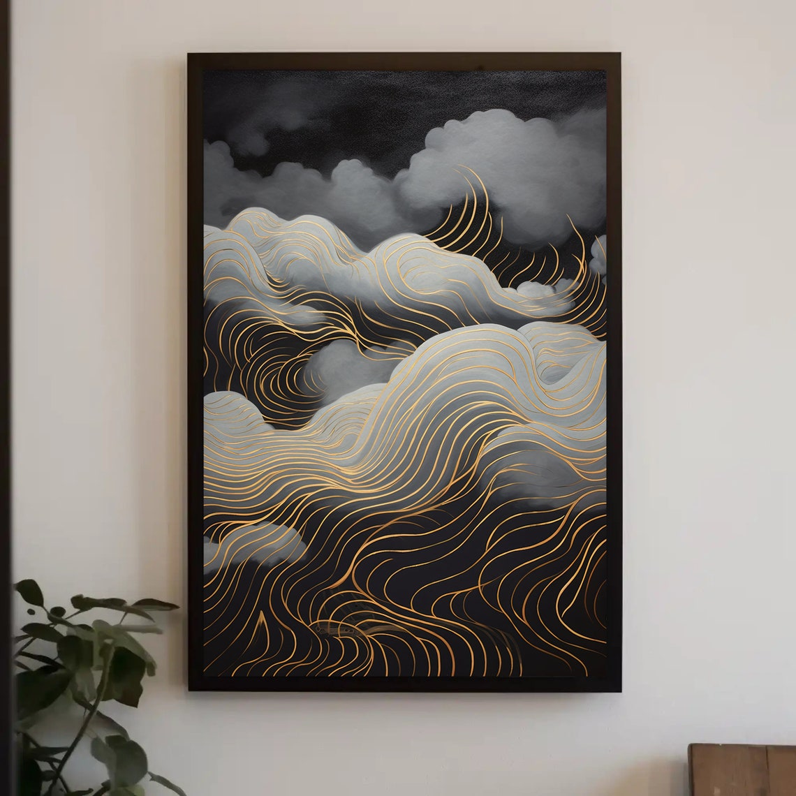 Dark Storm Clouds Golden Line Waves Moody Abstract Art Poster