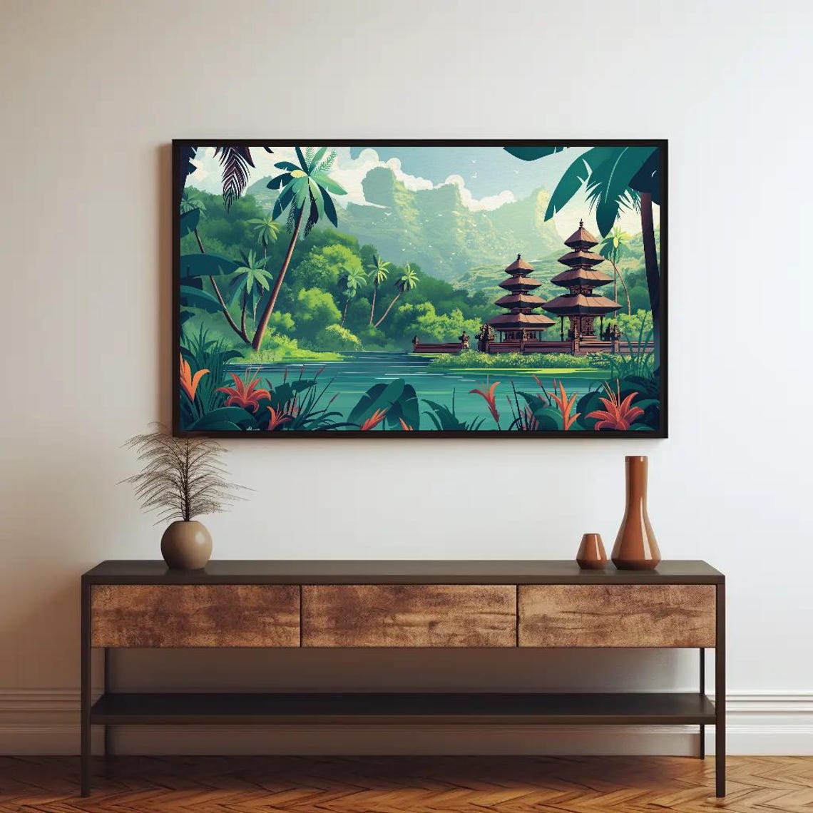 Bali Temple Garden Lake Modern Illustration Tropical Travel Wall Art - Image 4