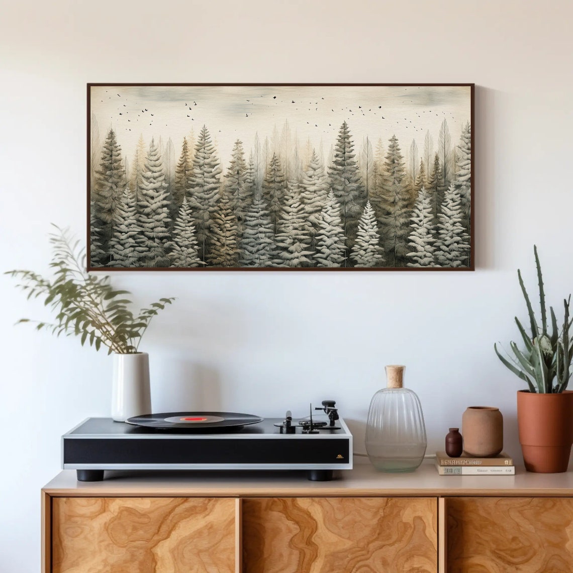 Snowy Pine Forest Panorama With Birds Winter Forest Scene Poster