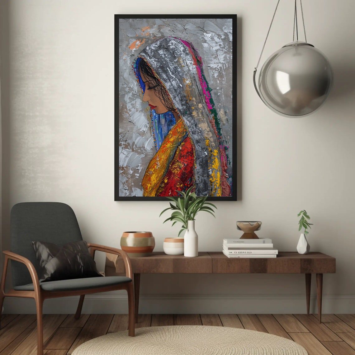 Veiled Woman Palette Knife Portrait Poster in Gray and Bright Colors - Image 5