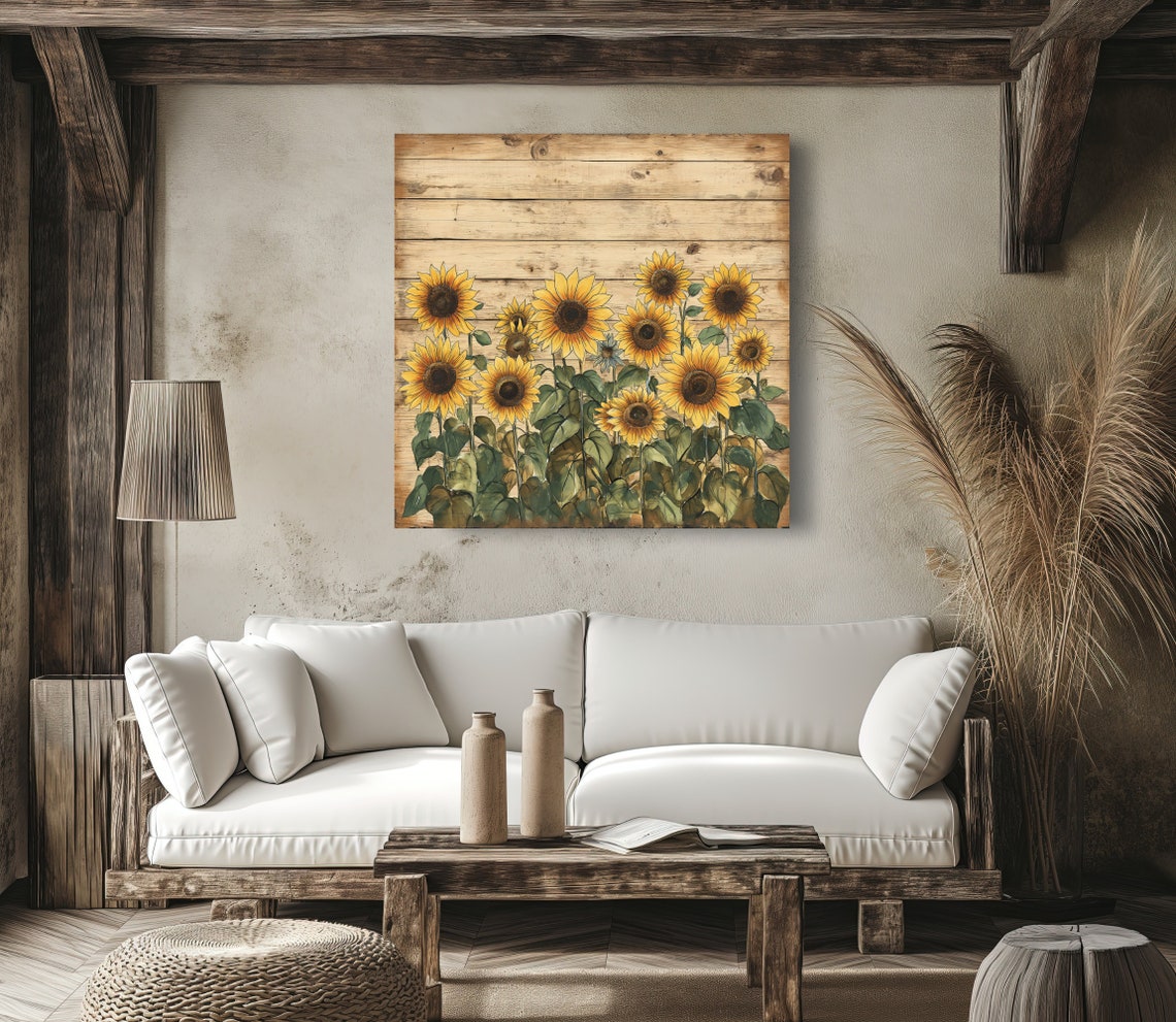 Sunflower Field Blooming On Rustic Wood Summer Floral Wall Poster - Image 5