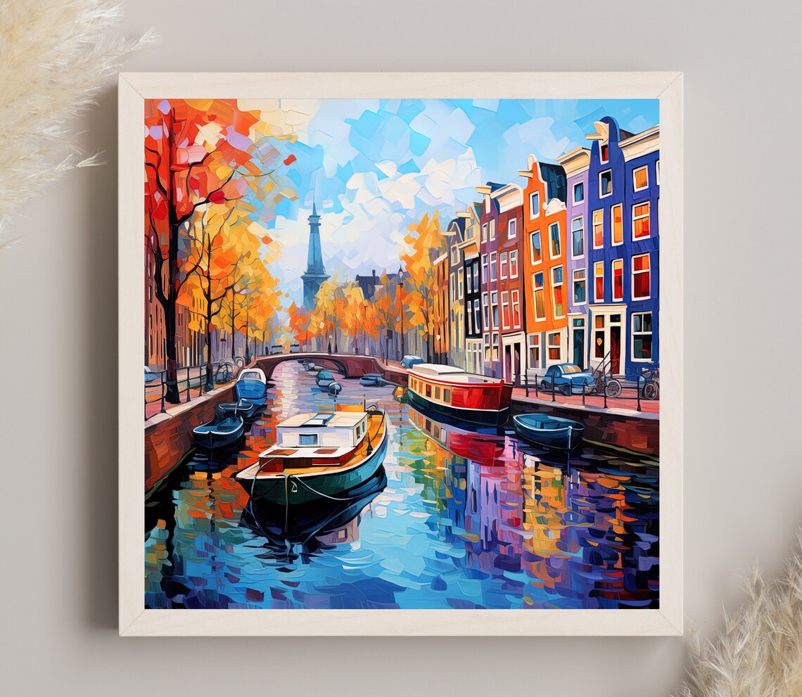 Amsterdam Autumn Canal Colorful Houses Boats City Travel Poster