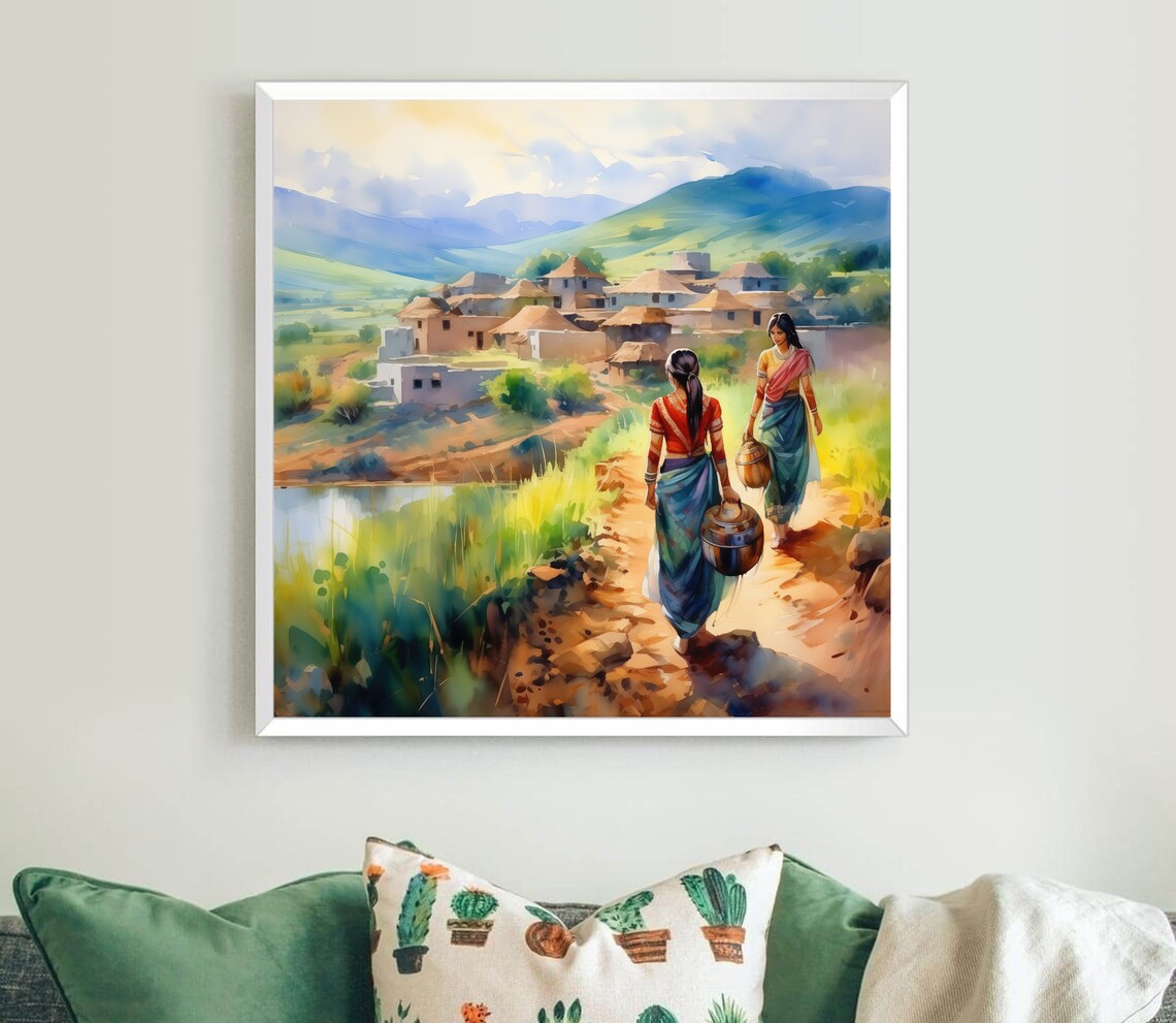 Women Carrying Water Pot To Village Painting Indian Art India Wall Art Square Art Print Desi Wall Art Indian Home Decor - Image 5