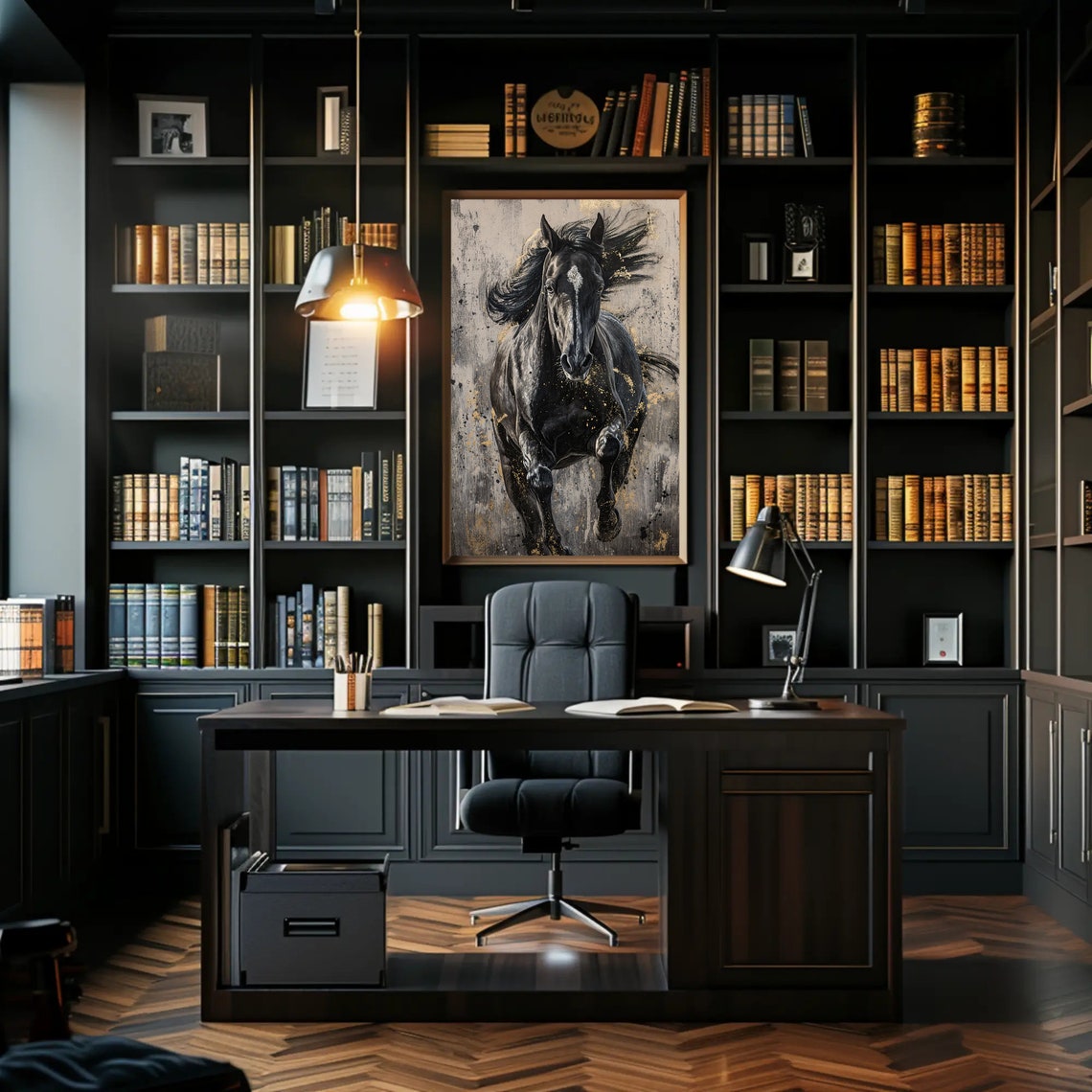 Black Galloping Horse Gold Splatter Dramatic Animal Wall Art - Image 5