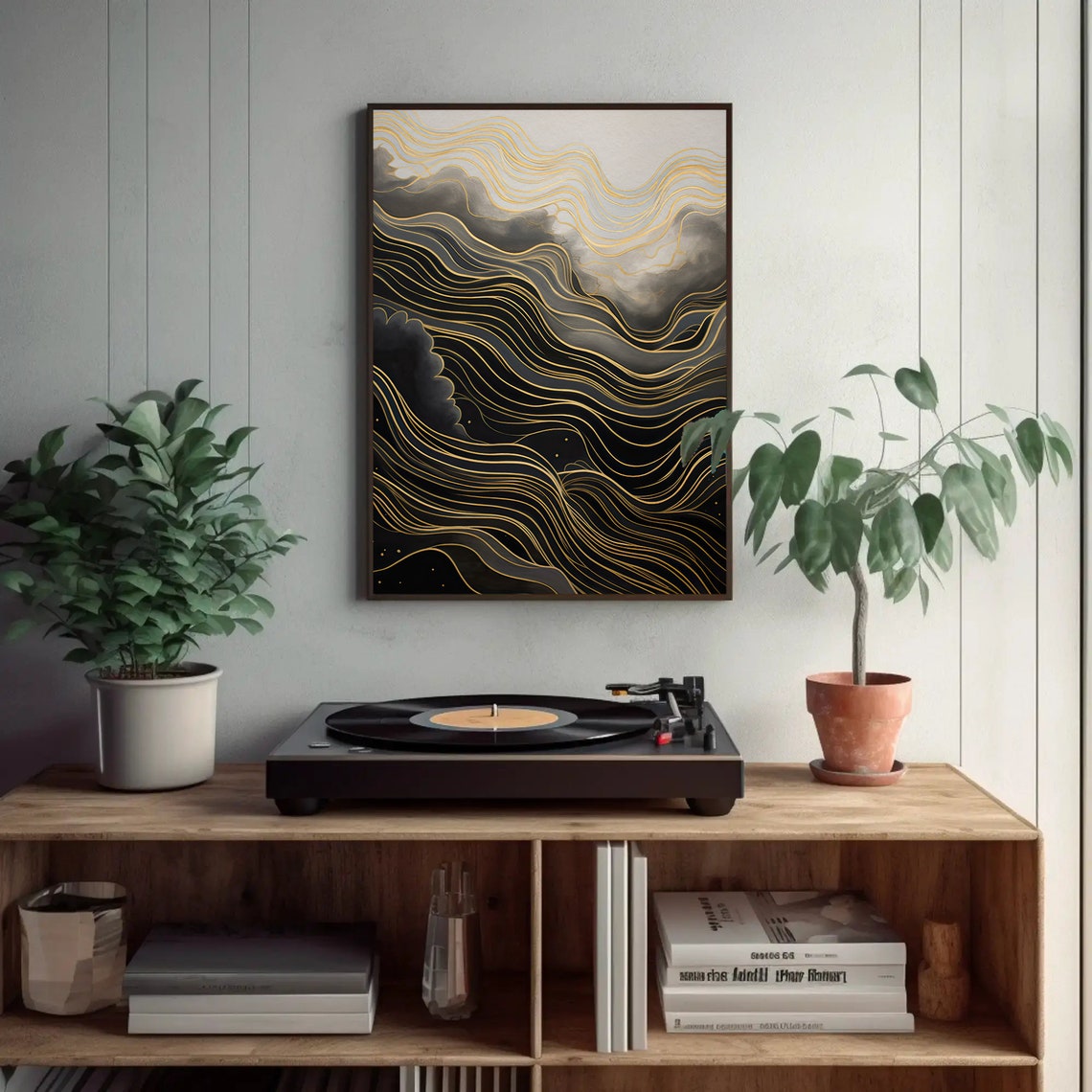 Bold Black and Gold Wavy Lines Modern Abstract Wall Decor Poster - Image 2