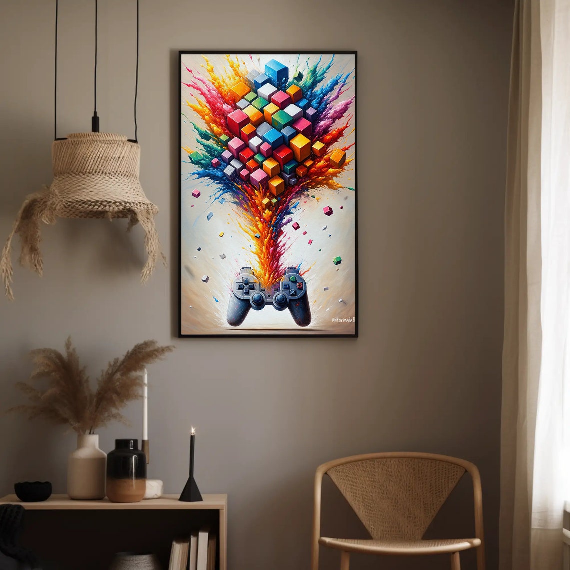 Pixel Cube Explosion Gaming Controller Colorful Game Room Poster - Image 3