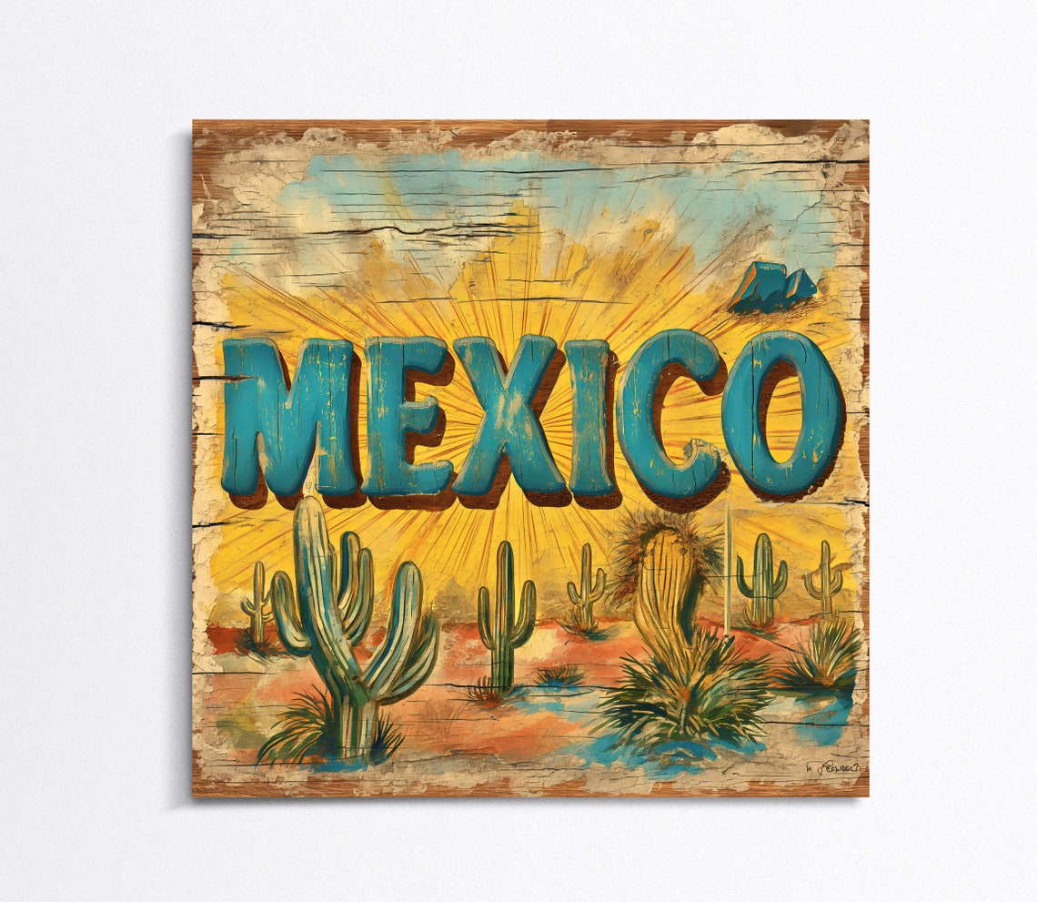Retro Mexico Desert Cacti Scene at Sunset Wood Sign Wall Poster - Image 3
