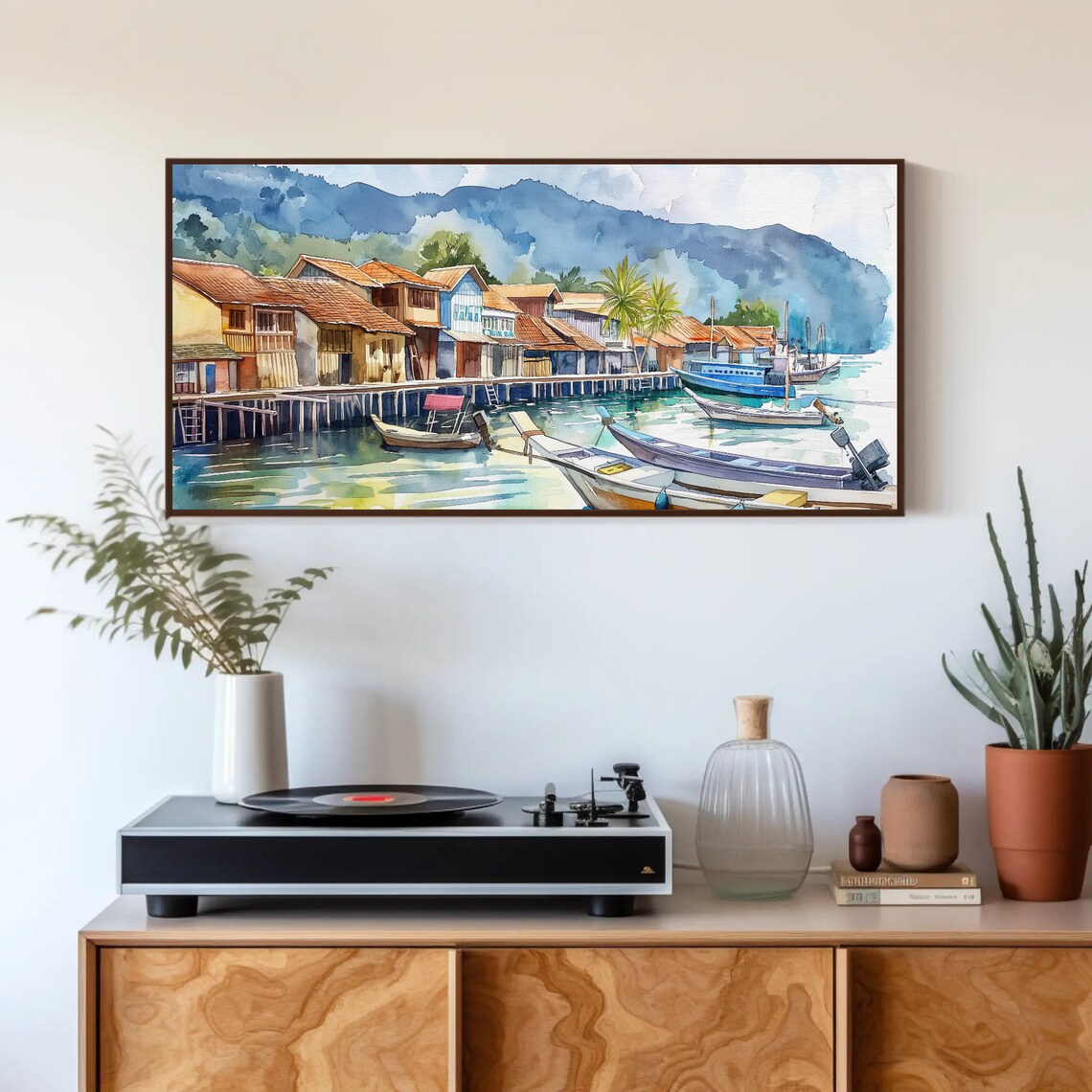 Tropical Fishing Village With Wooden Boats Watercolor Harbor Poster - Image 2