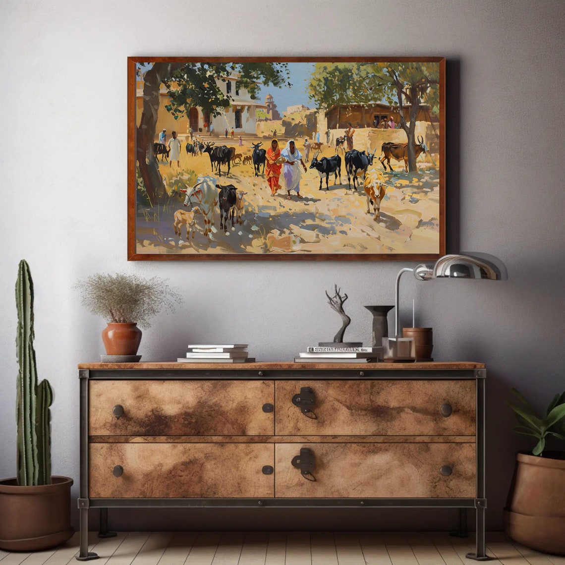 Indian Village Cattle Herd Women Temple Rural Painting Poster - Image 5