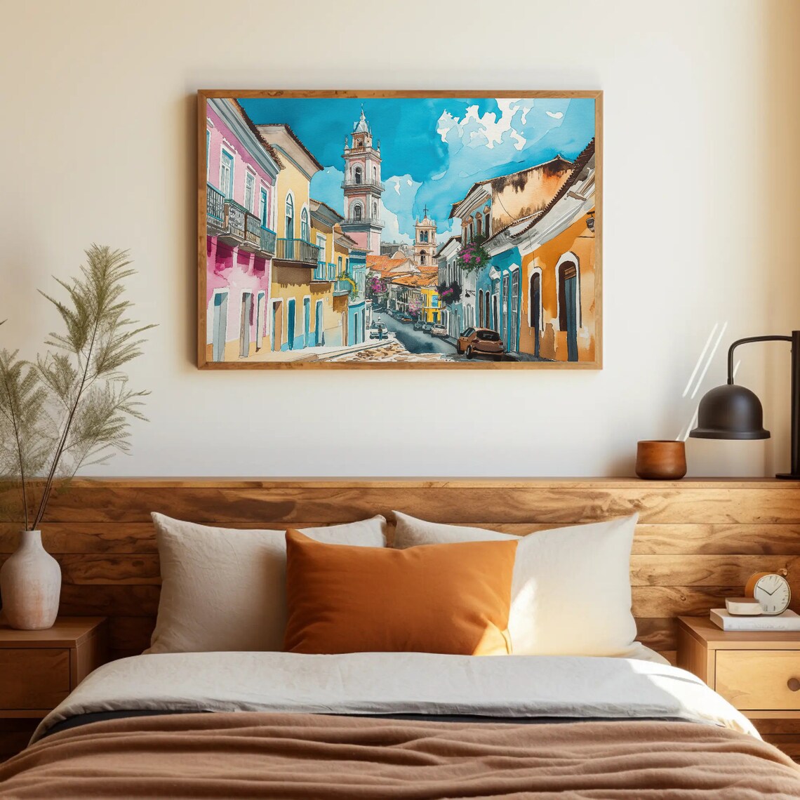 Sunny Bahia Brazil Church Towers Watercolor Street Scene Poster - Image 3