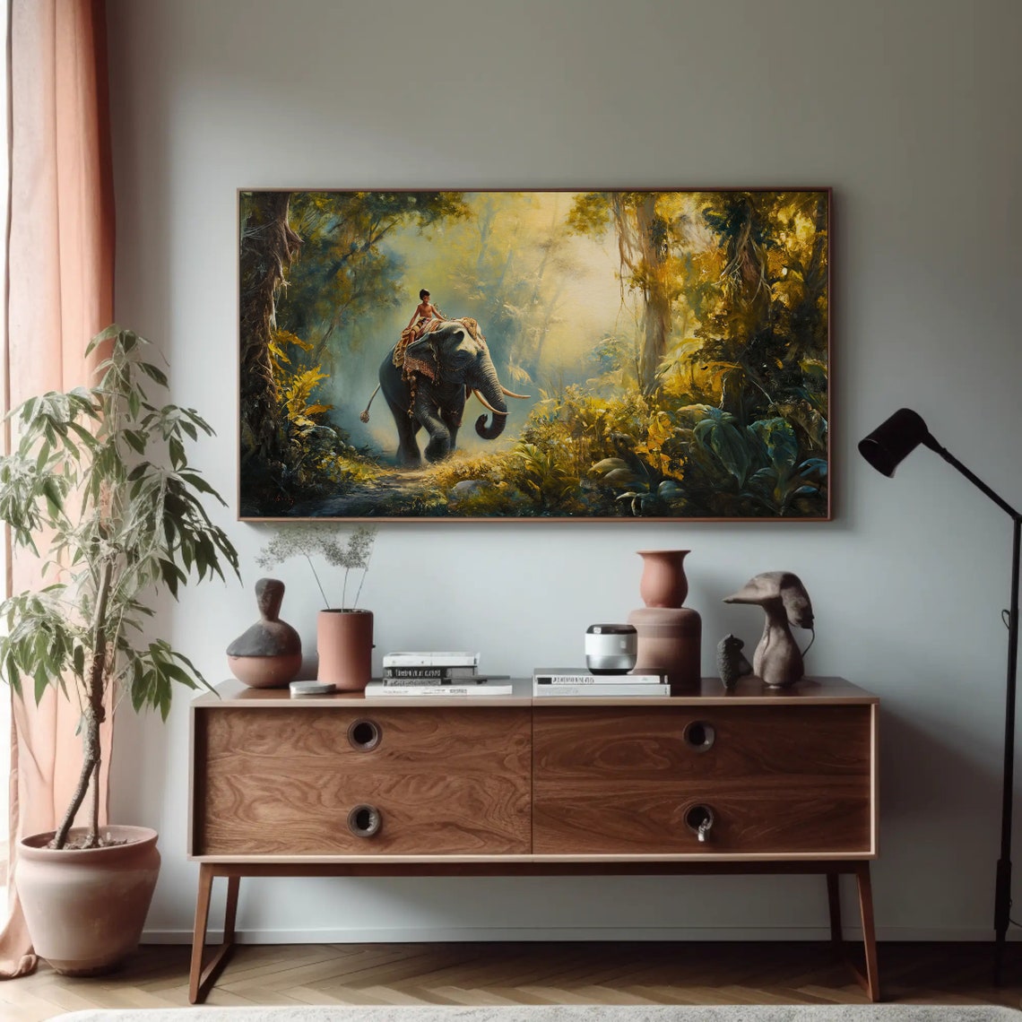 Kid Riding Elephant in Golden Indian Jungle Panoramic Wall Poster - Image 2