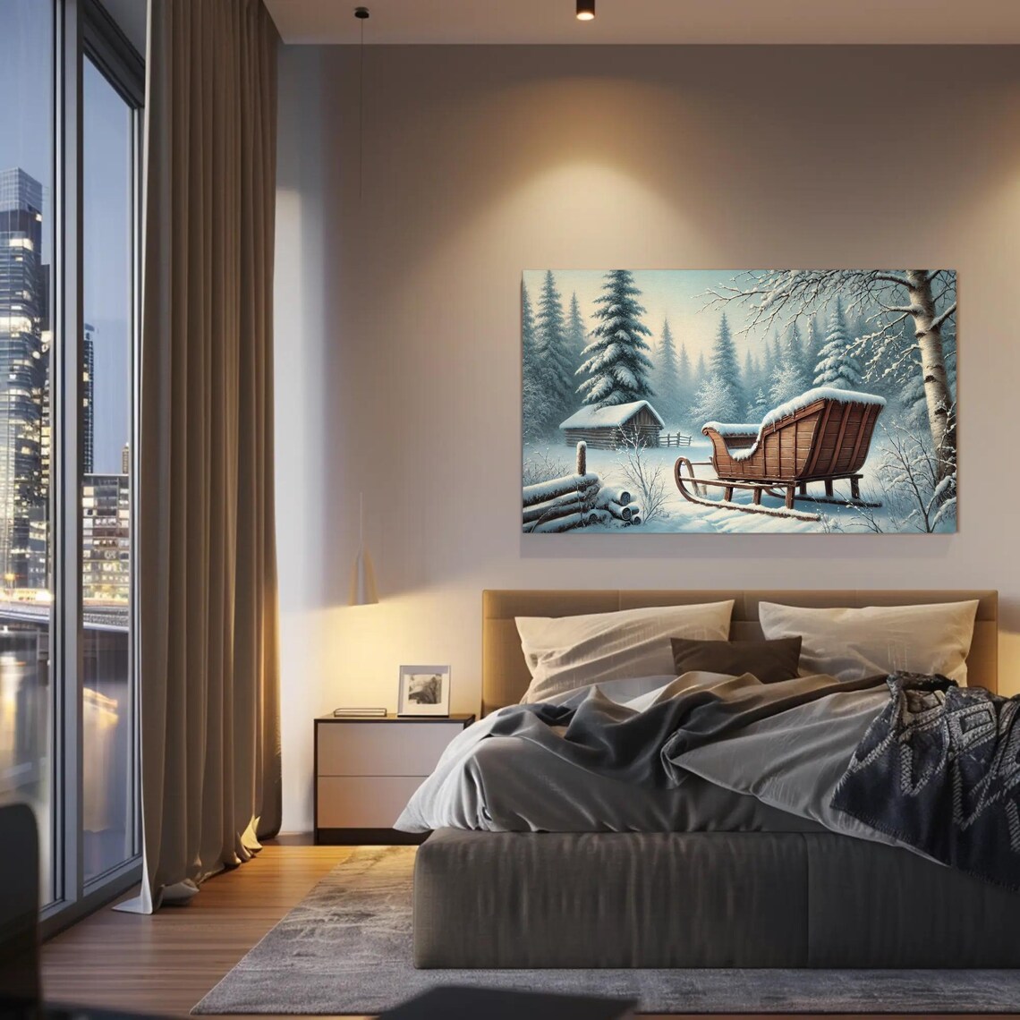 Vintage Wooden Sleigh In A Snowy Forest Cabin Winter Scene Poster - Image 2