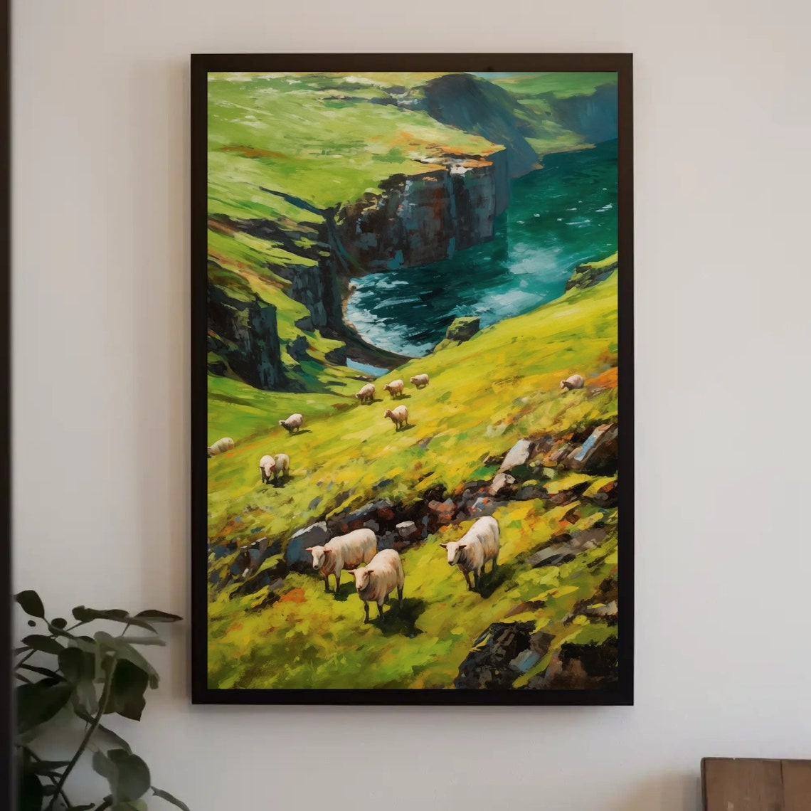 Sheep Grazing On Green Sea Cliffs Pastoral Coastal Landscape Poster