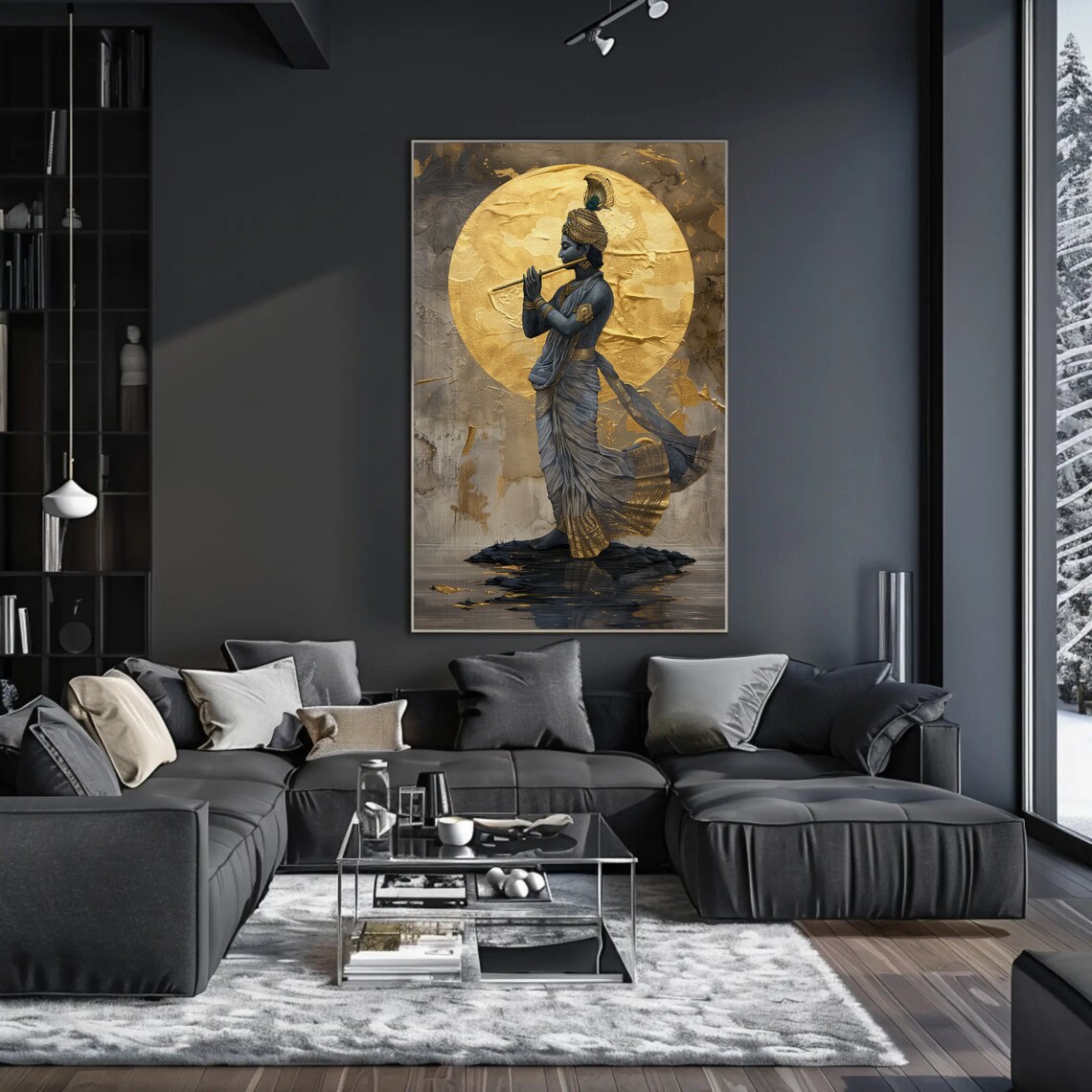 Lord Krishna Under Golden Moon Art Print, Hindu - Image 4