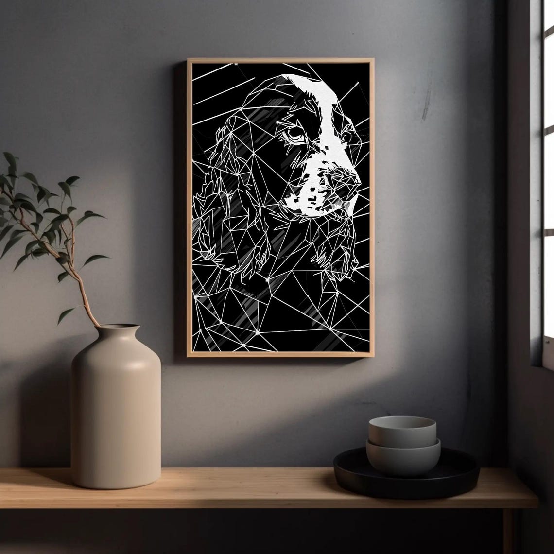 Geometric Dog Head White Line Black Background Modern Wall Art - Image 3