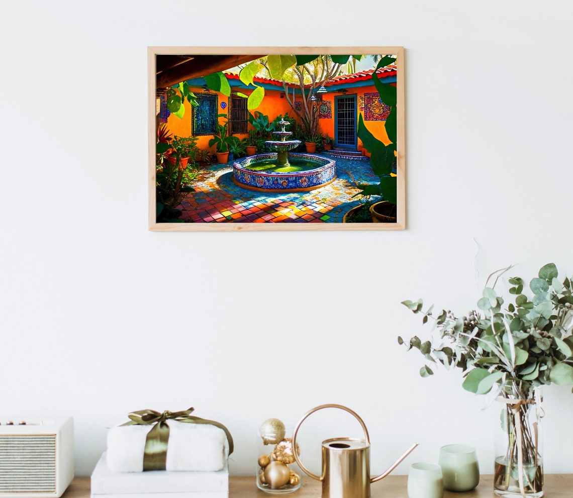 Mexican Courtyard With a Colorful Mosaic Tile Fountain Poster - Image 5