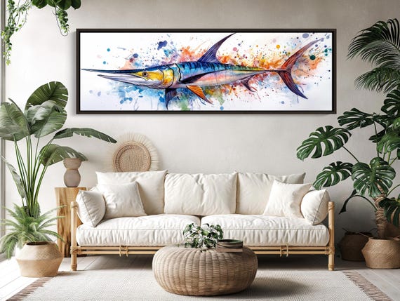 Panoramic Blue Marlin Watercolor Painting Vibrant Ocean Fish Art Extra Large Horizontal Nautical Sport Fishing Wall Decor