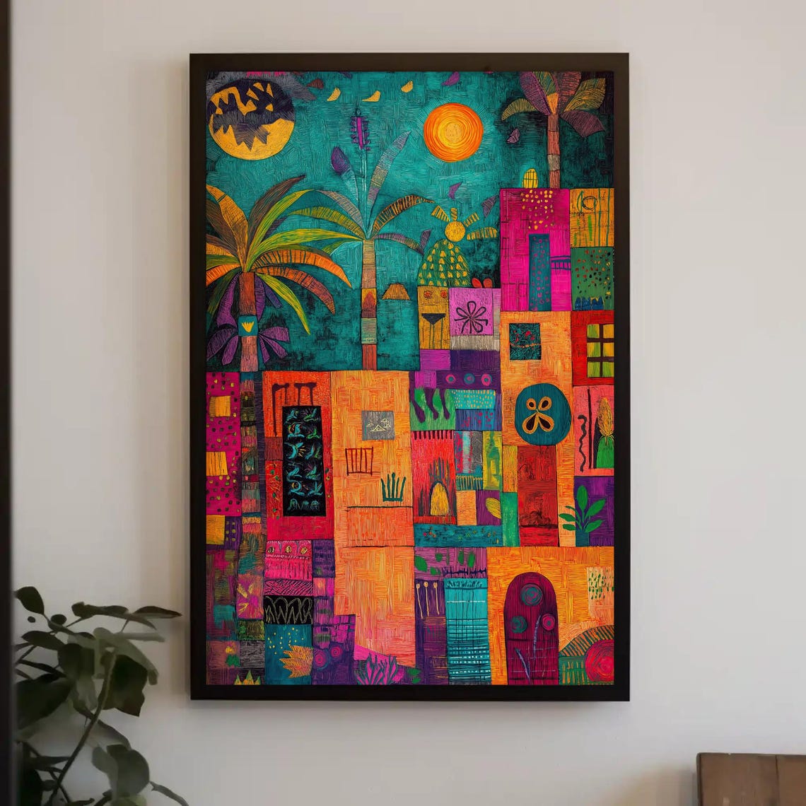 Colorful Mosaic Folk Art Town at Dusk with Sun and Moon Poster