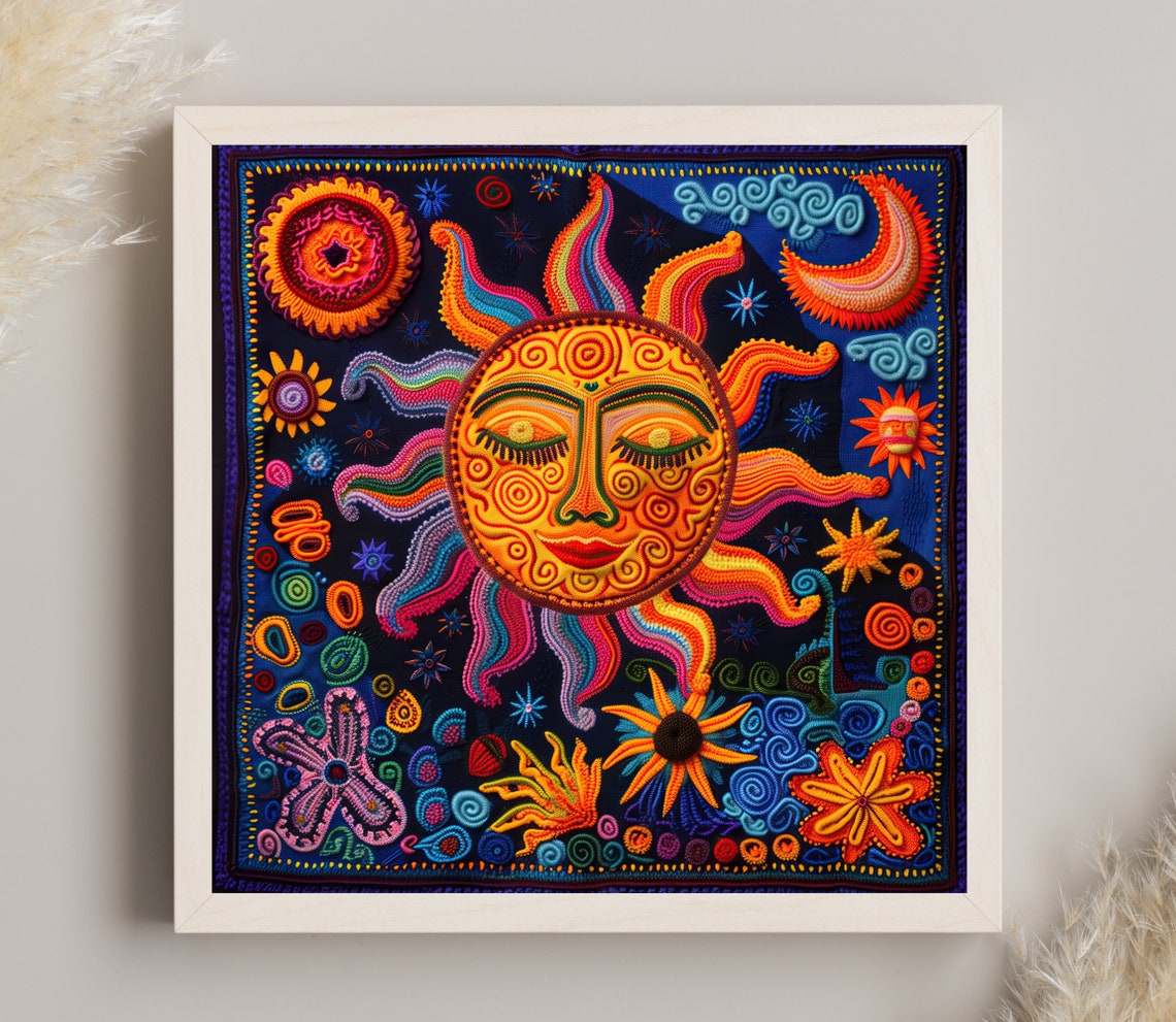 Smiling Sun Face Huichol Yarn Art Poster on Midnight Blue Background