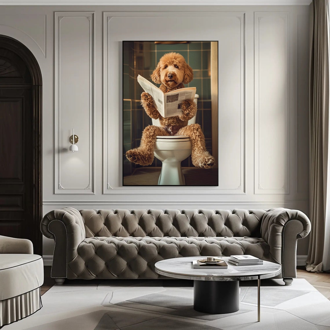 Golden Doodle Reading Newspaper on Toilet Funny Bathroom Poster - Image 2