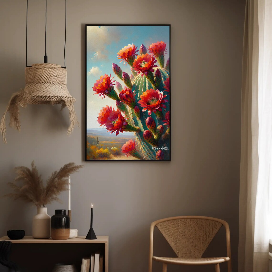 Blooming Red Cactus Flowers, Southwest Desert Art Print - Image 3