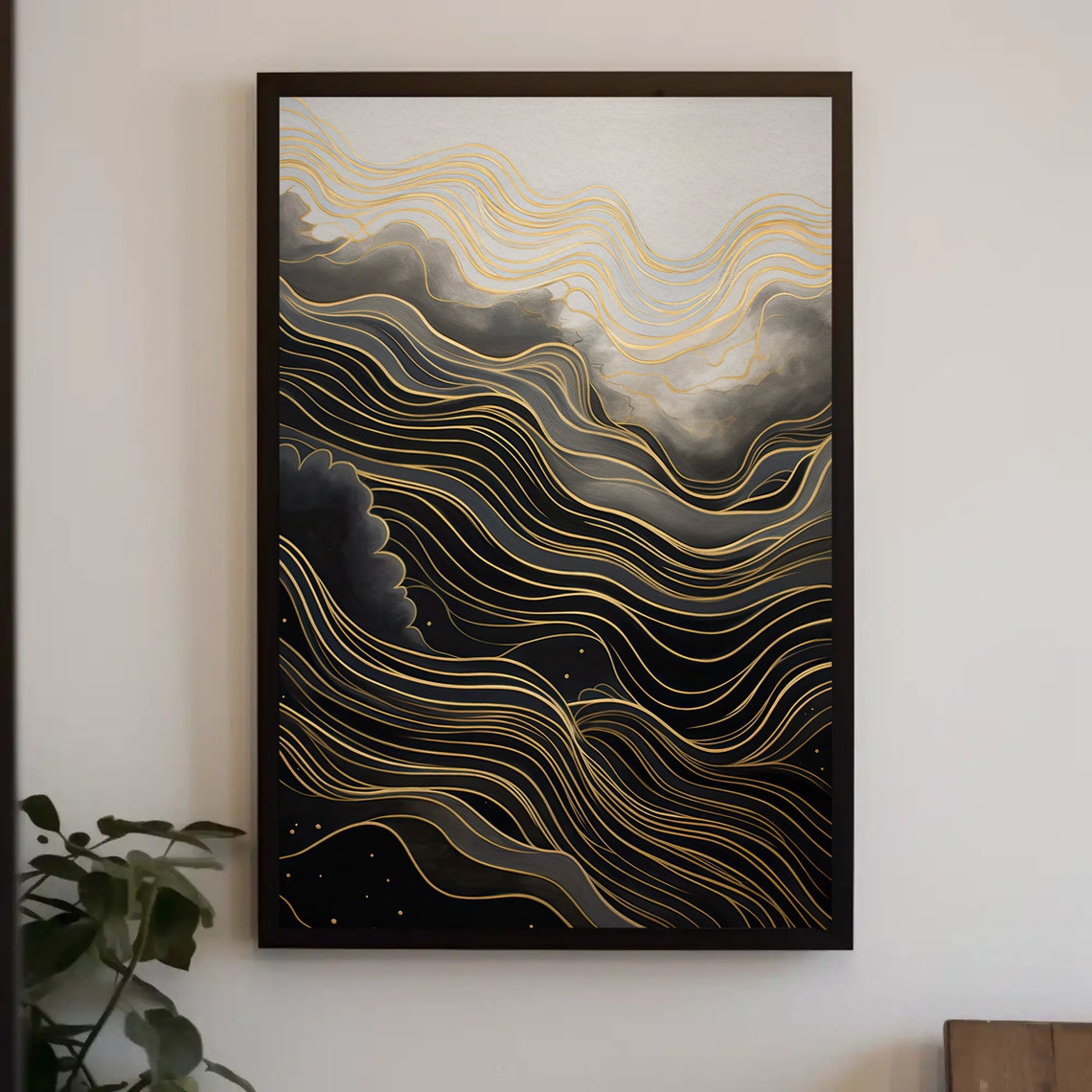 Bold Black and Gold Wavy Lines Modern Abstract Wall Decor Poster