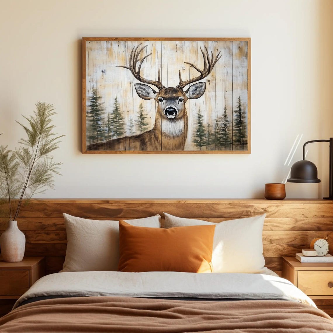 Majestic Rustic Stag Head on Whitewashed Wood with Pine Trees Poster - Image 3