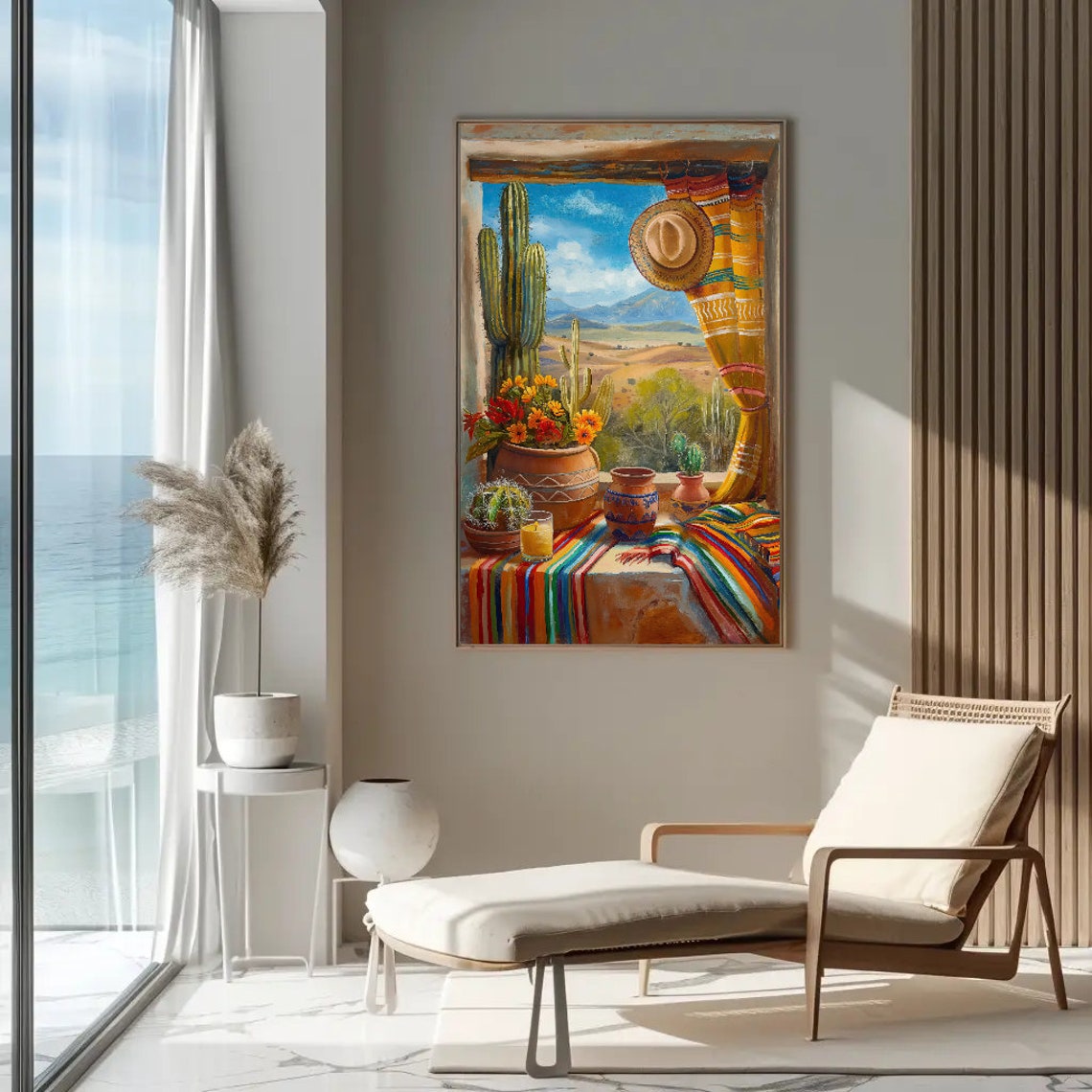 Mexican Window With Cactus Clay Pots And Colorful Serape Poster - Image 3