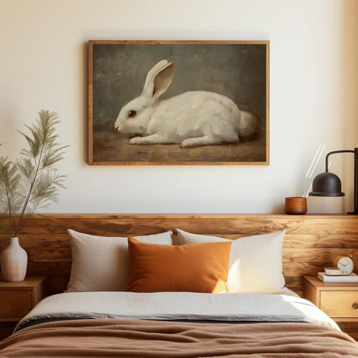 White Bunny Resting in a Muted Vintage Oil Painting Style Poster - Image 3