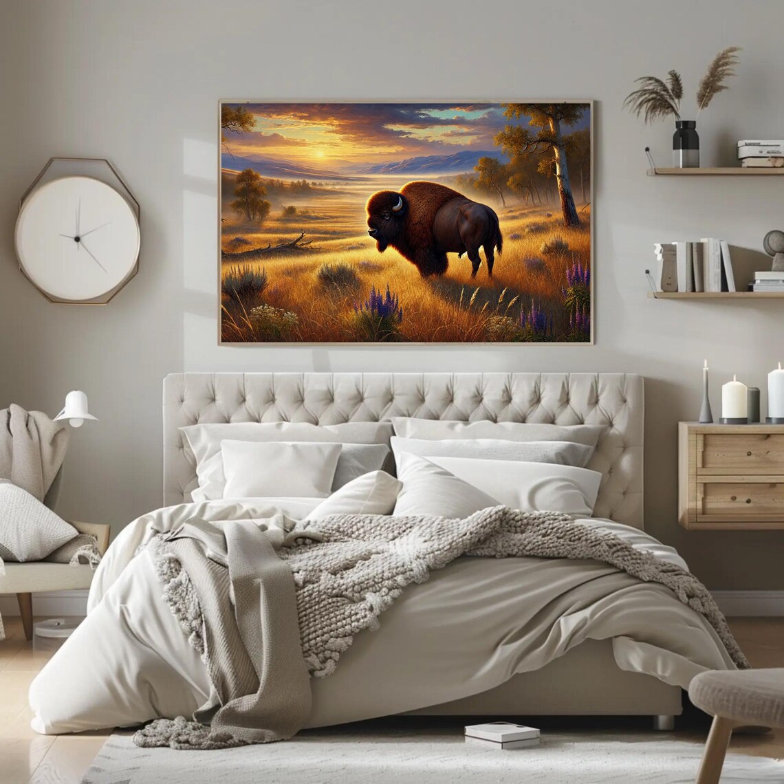 Bison Sunset Golden Meadow Wildflowers Majestic Prairie Landscape Poster - Image 3