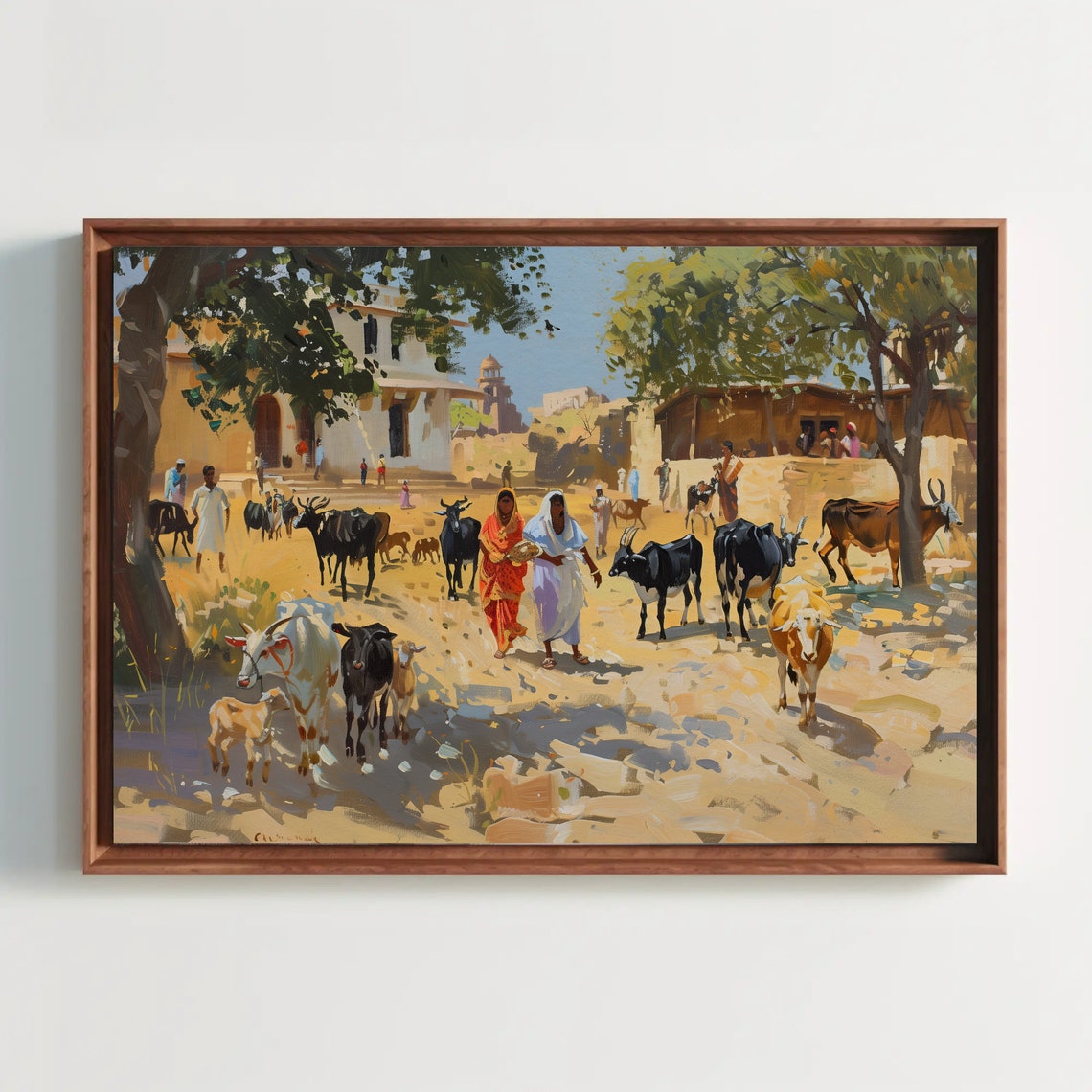 Indian Village Cattle Herd Women Temple Rural Painting Poster