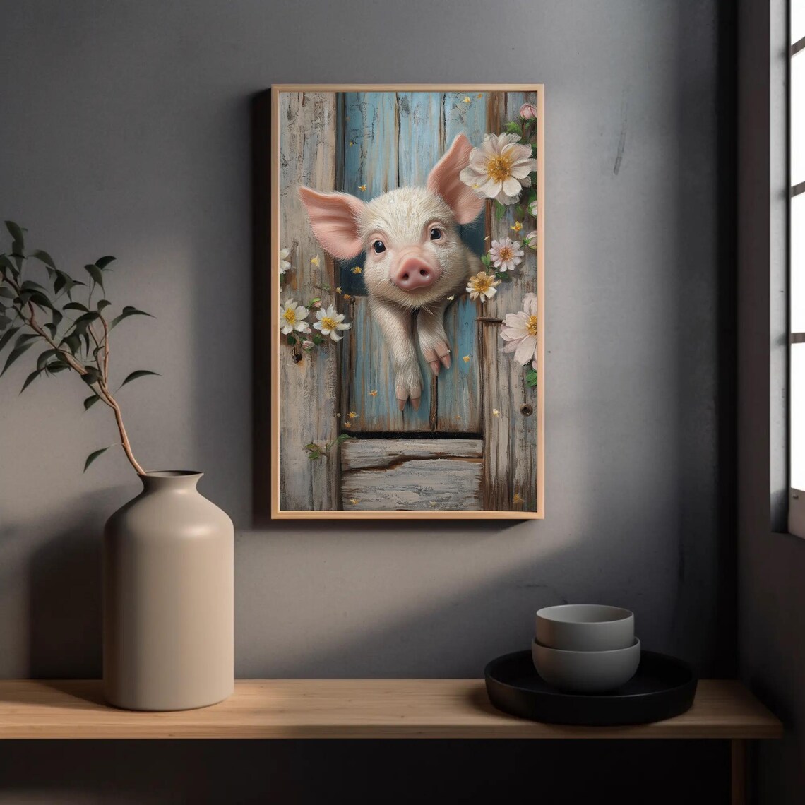 Cute Piglet Over Wooden Fence Whimsical Farm Animal Art Poster - Image 5