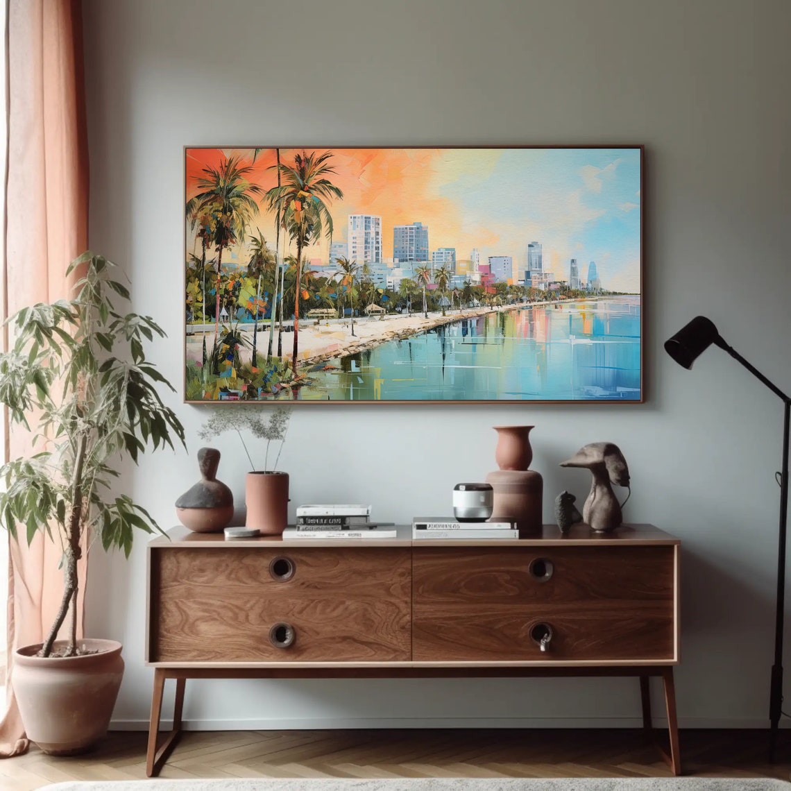 Tropical Beachfront City Skyline at Sunset Colorful Painting Poster - Image 5