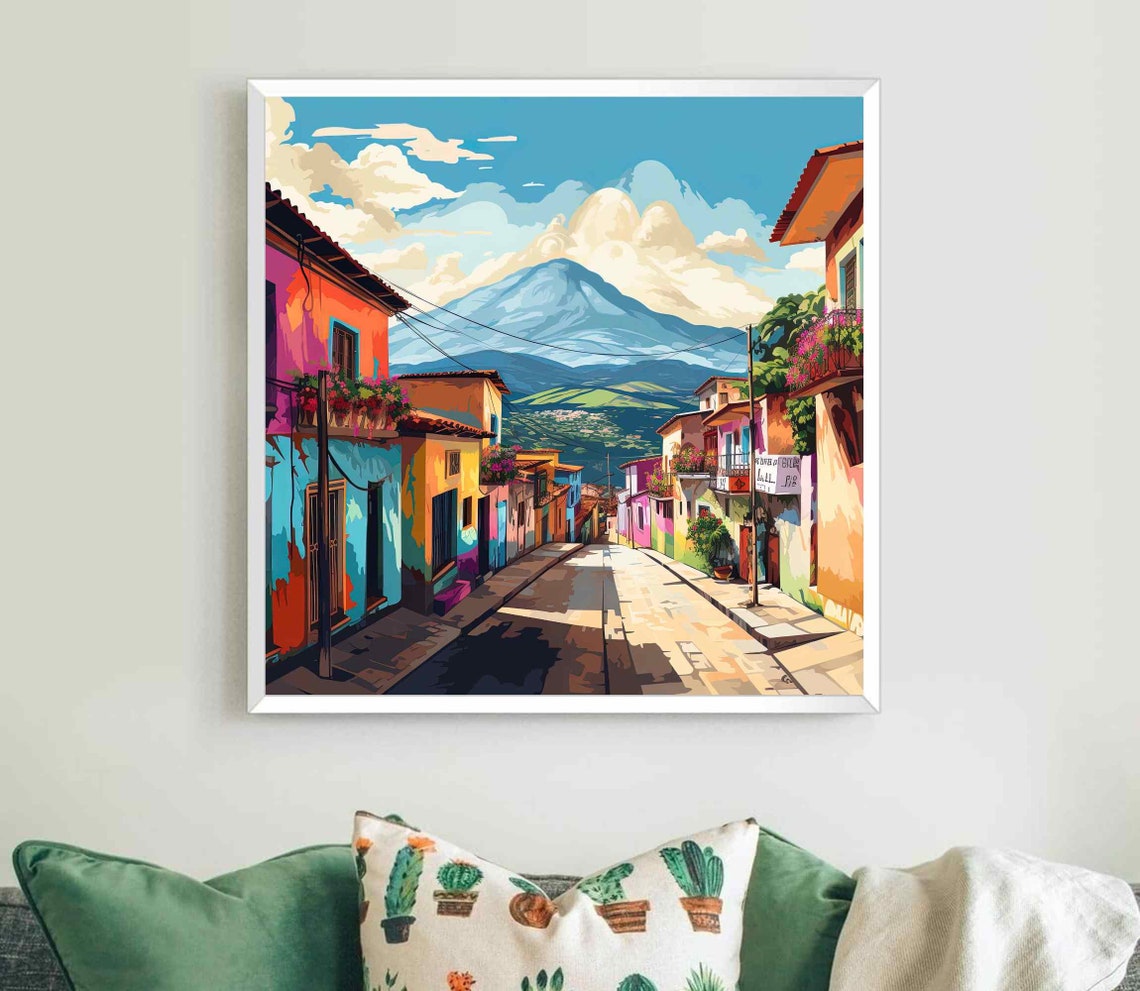 Guatemala Colonial Town Street With Volcano Backdrop Travel Poster - Image 5